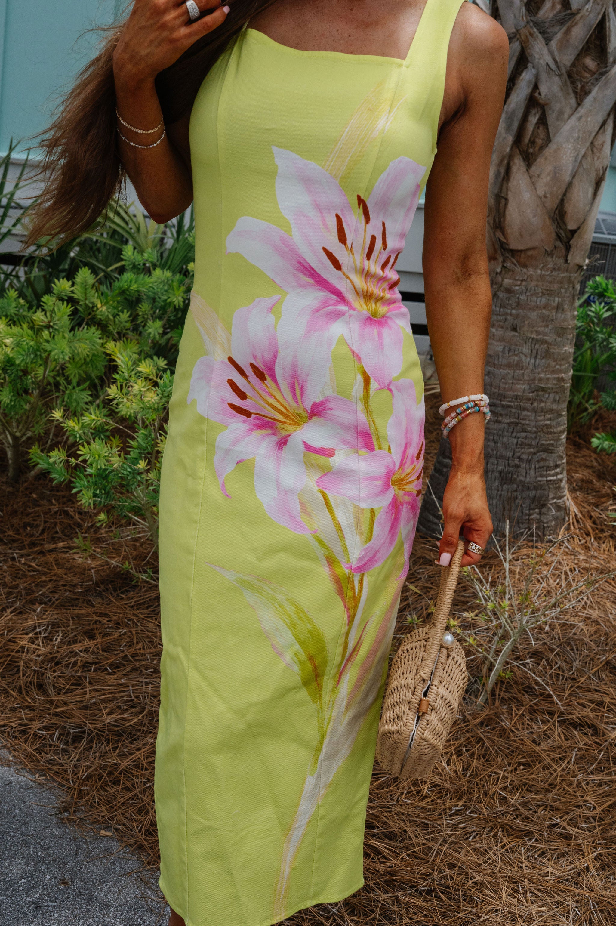 Floral Design Midi Dress-Lime