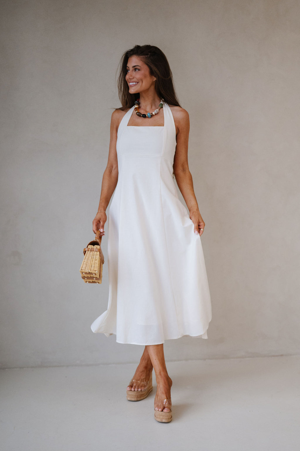 knee length halter dress Jane Midi Dress-Cream M Size:Eur43-US11-UK8.5-AUS11-27cm Halter Neck Design Prom Dresses With Feather RED SEQUINS HALTER MINI