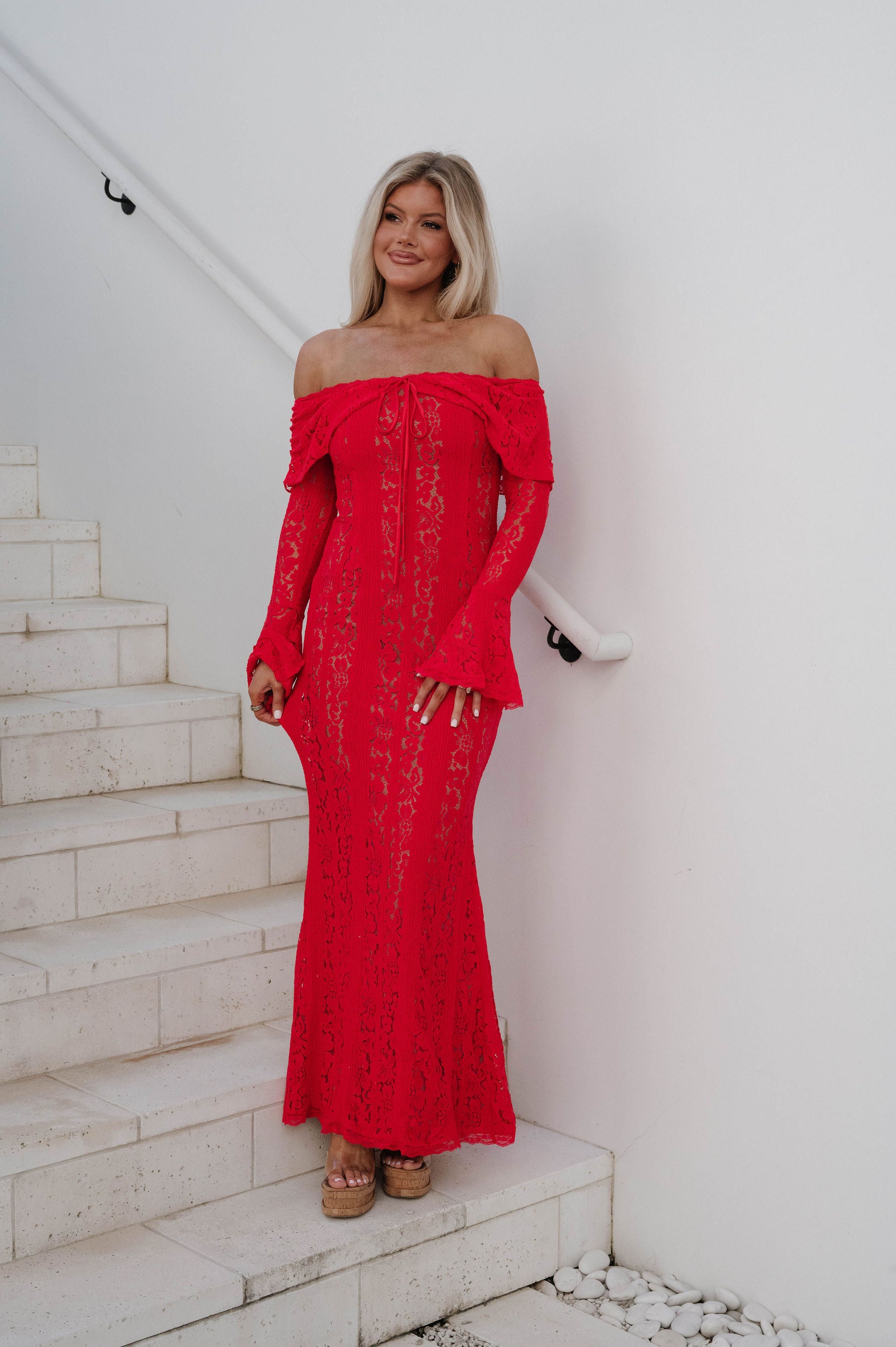 chinese dress ladies Della Lace Maxi Dress-Red/Nude