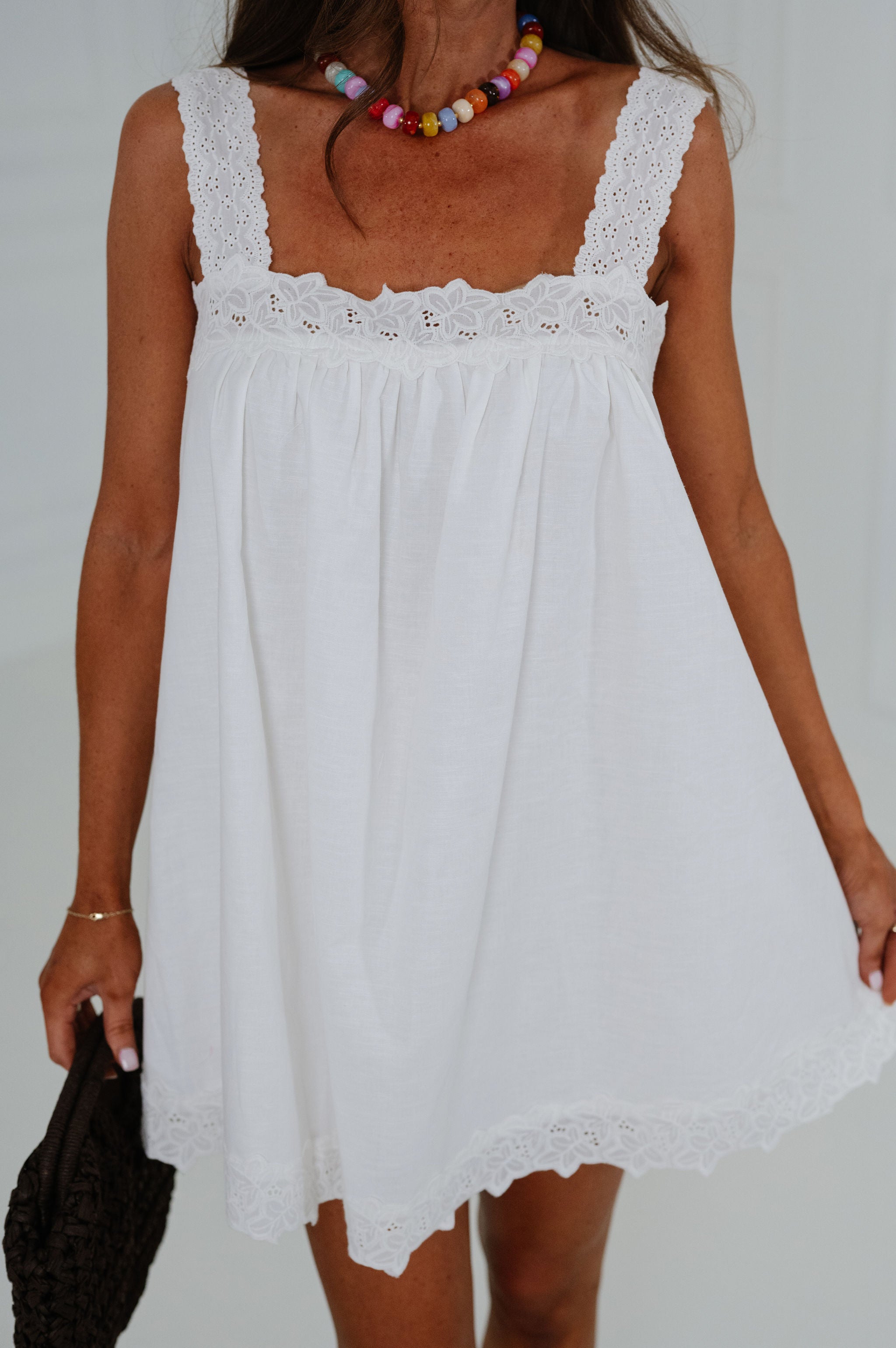 Sally Linen Lace Trim Mini Dress-Off White
