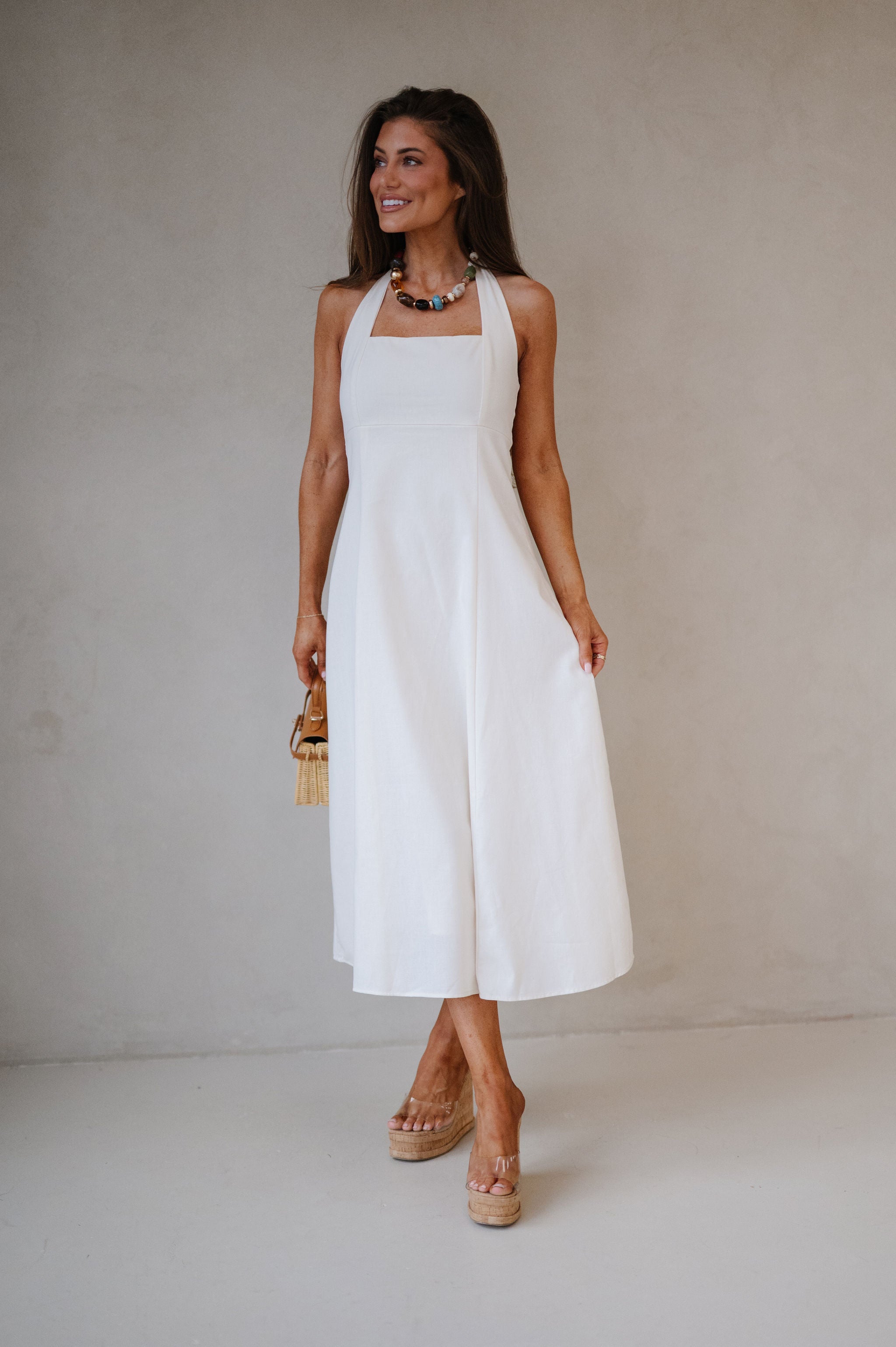 Jane Halter Midi Dress-Cream