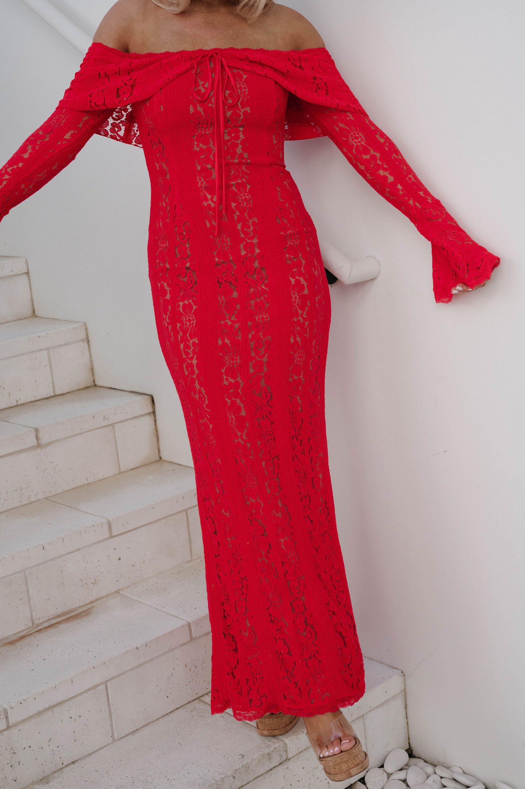 Della Lace Maxi Dress-Red/Nude Della Lace Maxi Dress-Red/Nude