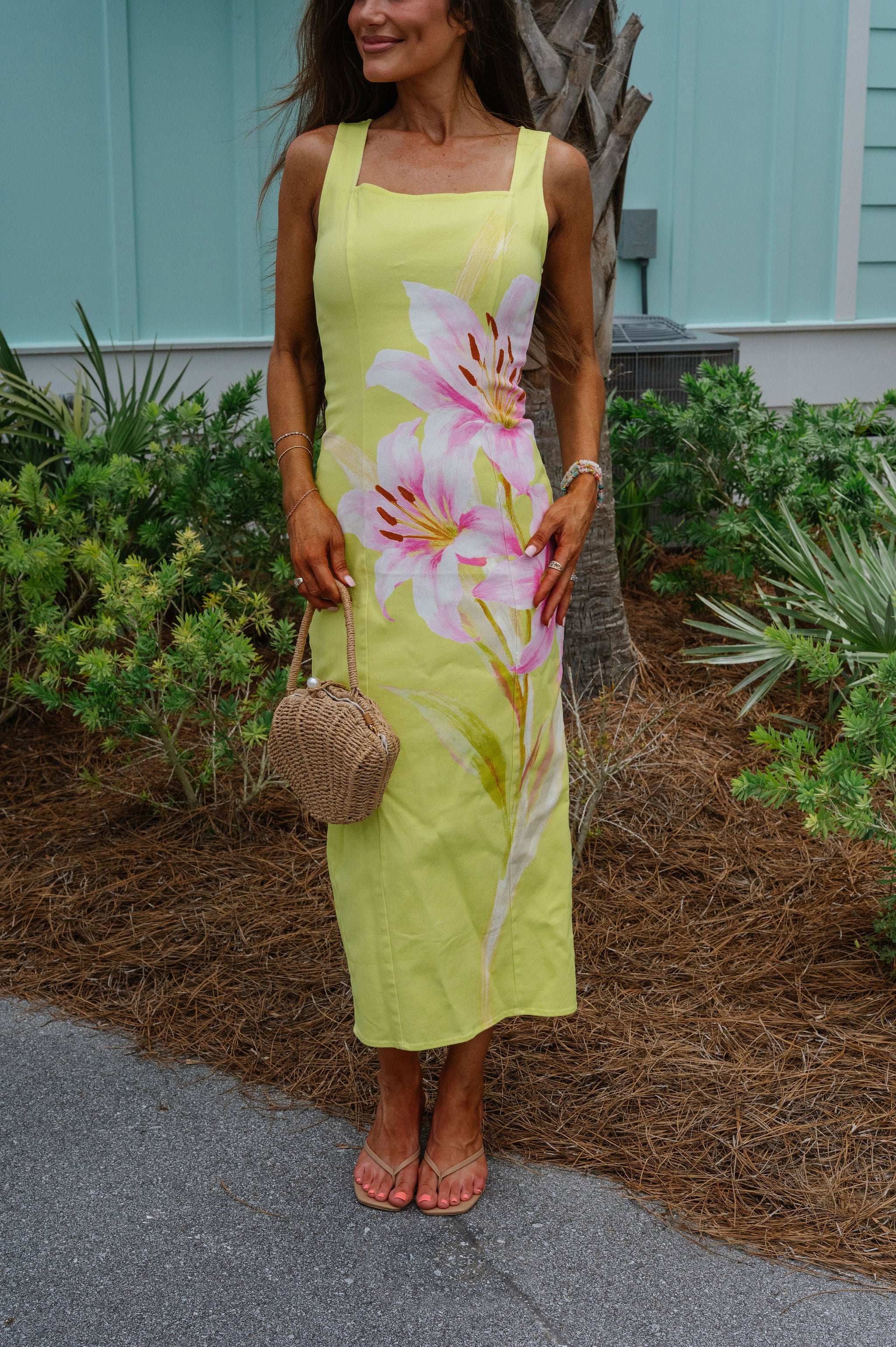 Floral Design Midi Dress-Lime