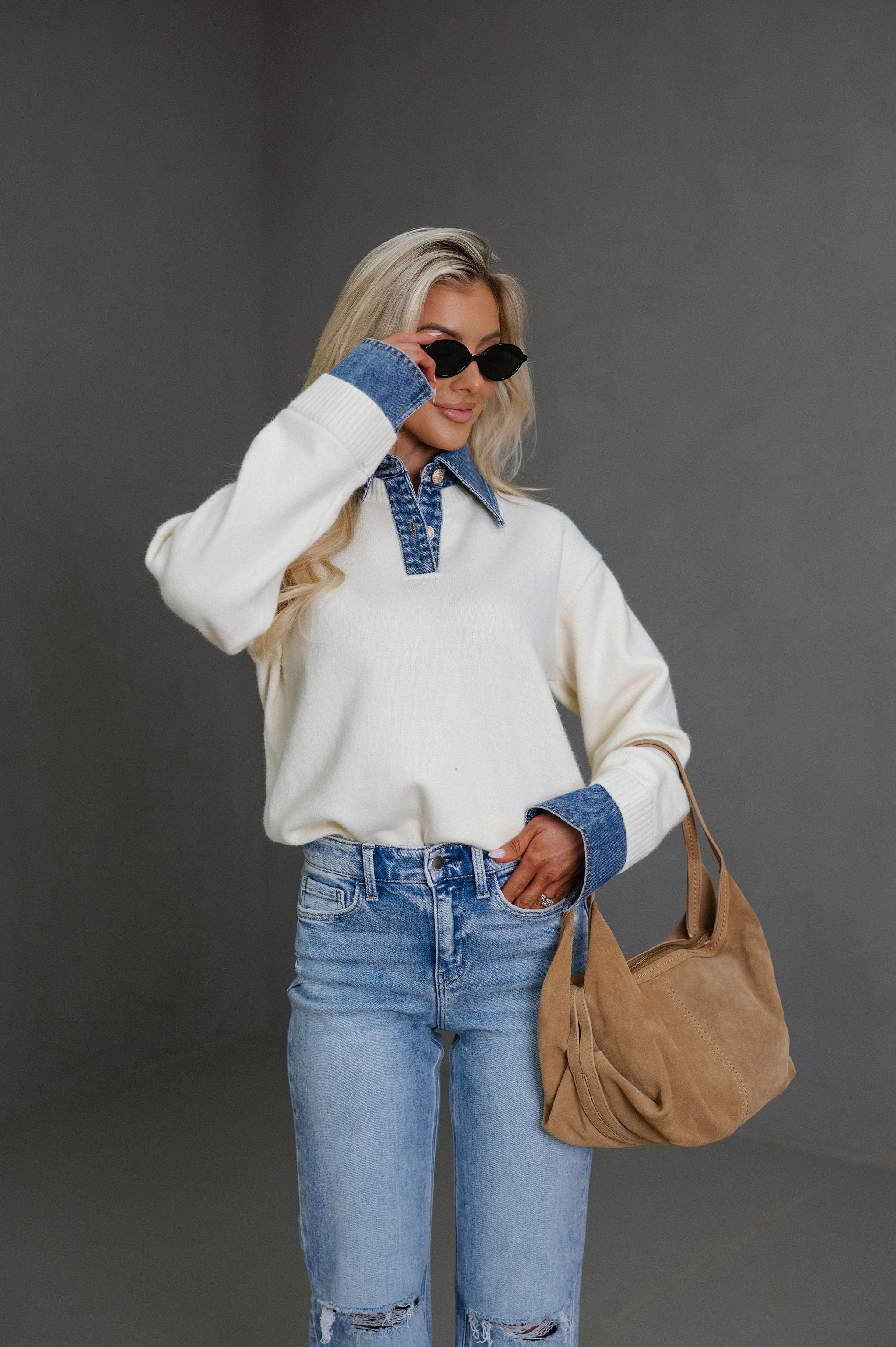 Lacie Denim Contrast Sweater-Ivory