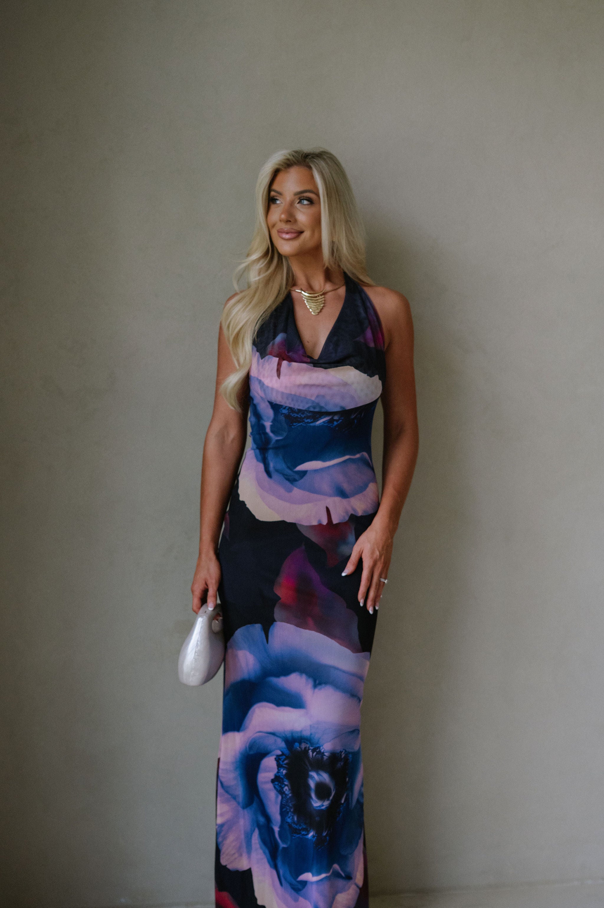 Cowl Halter Neck Maxi Dress-Purple Muli