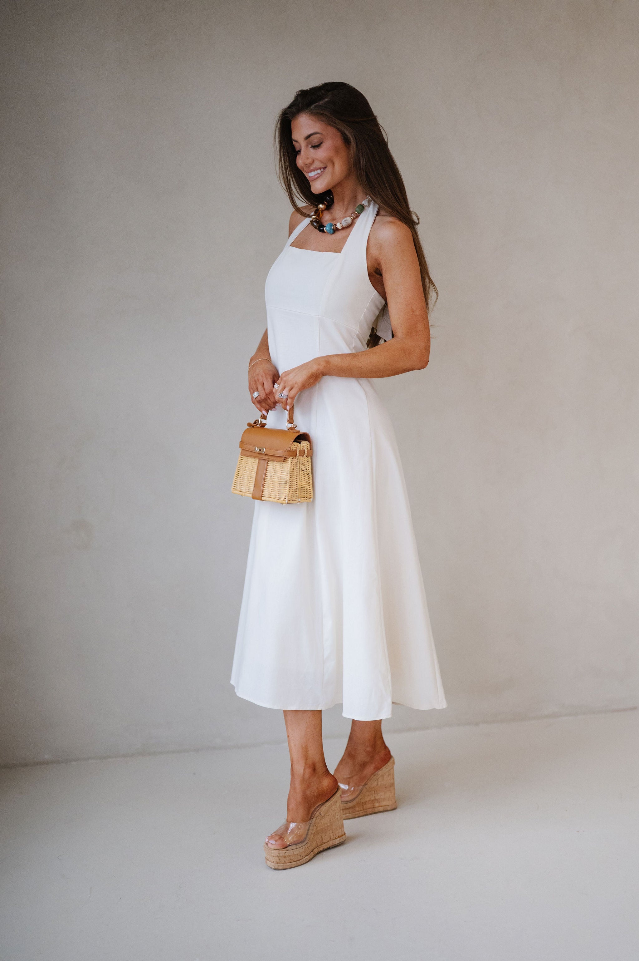Jane Halter Midi Dress-Cream