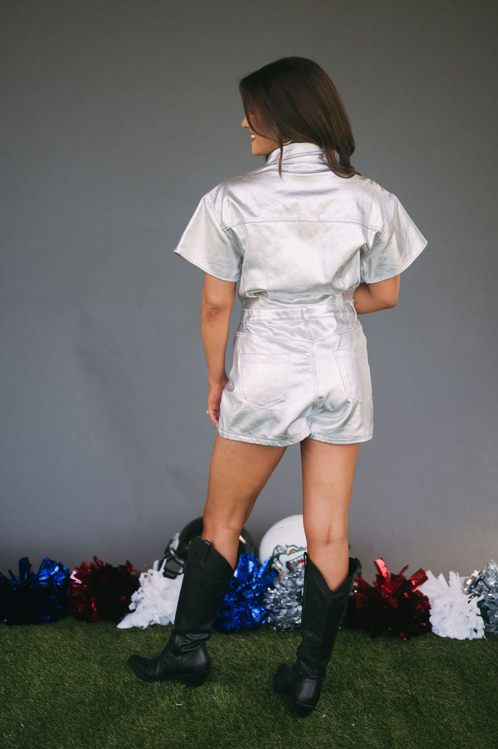 Metallic Button Up Romper- Silver