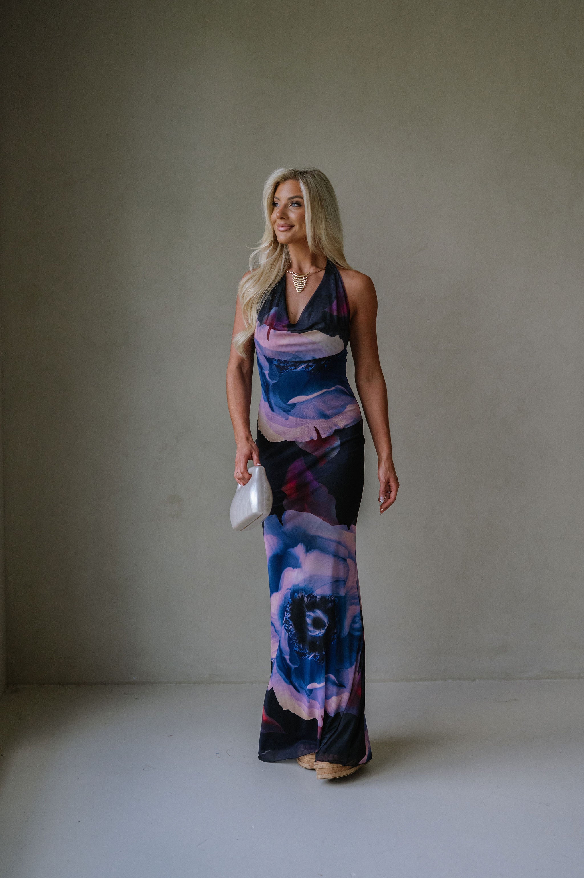 Cowl Halter Neck Maxi Dress-Purple Muli