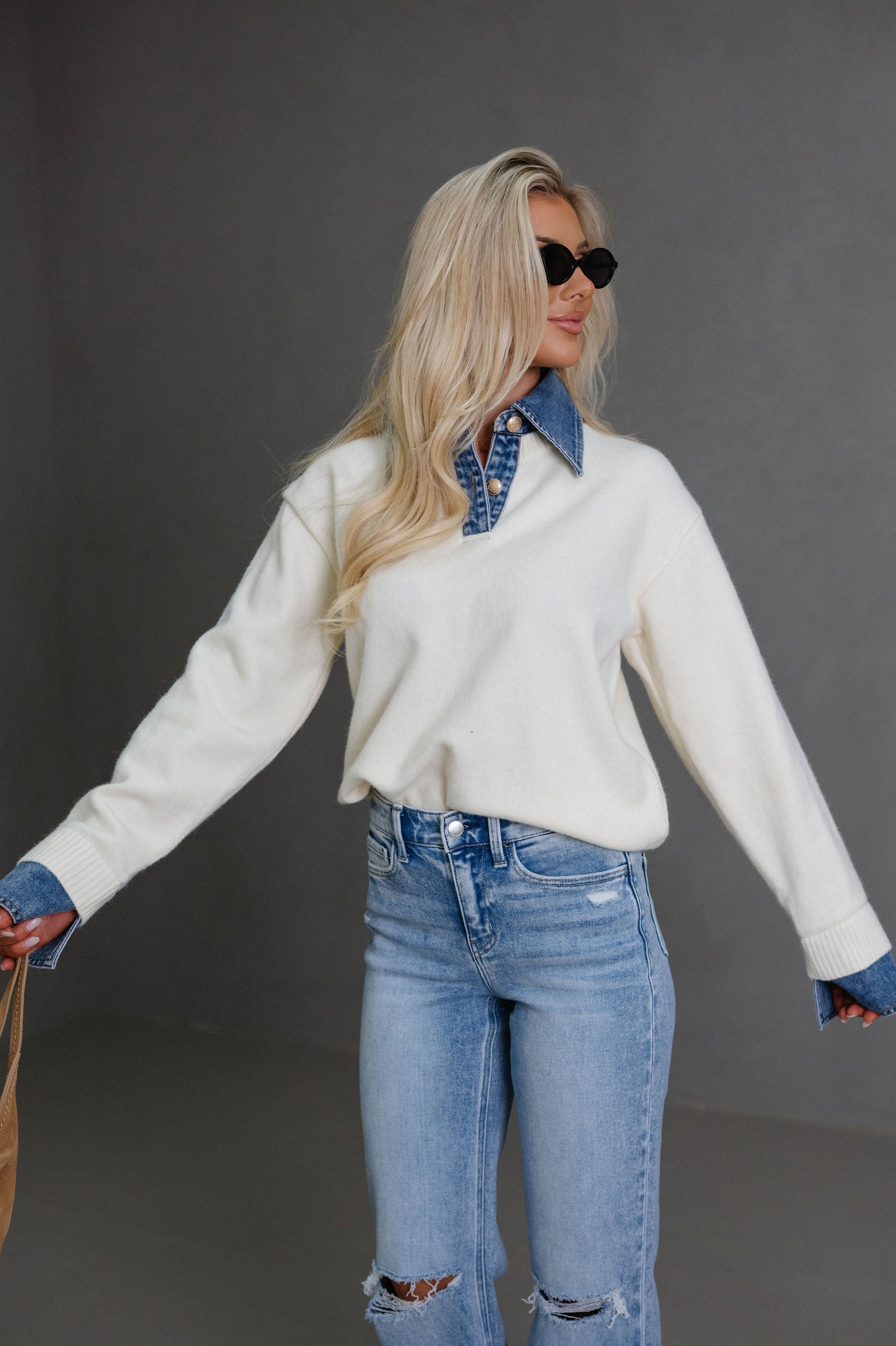 Lacie Denim Contrast Sweater-Ivory