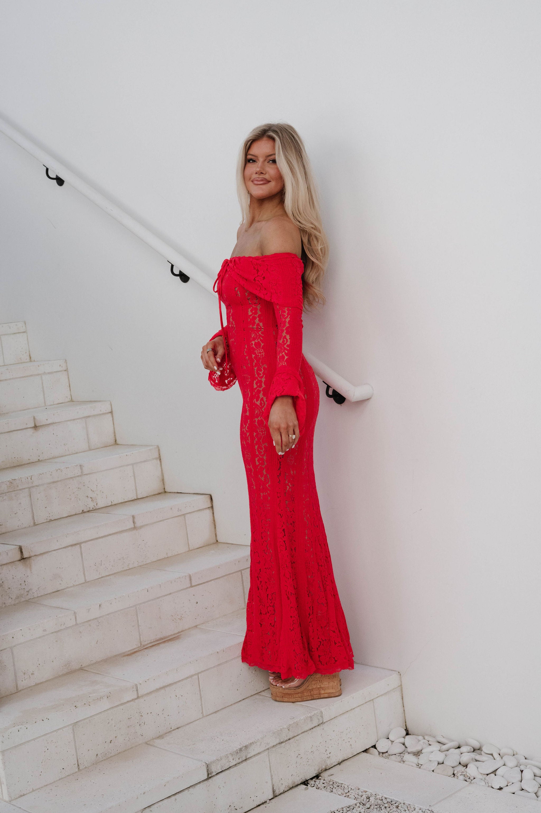 Della Lace Maxi Dress-Red/Nude