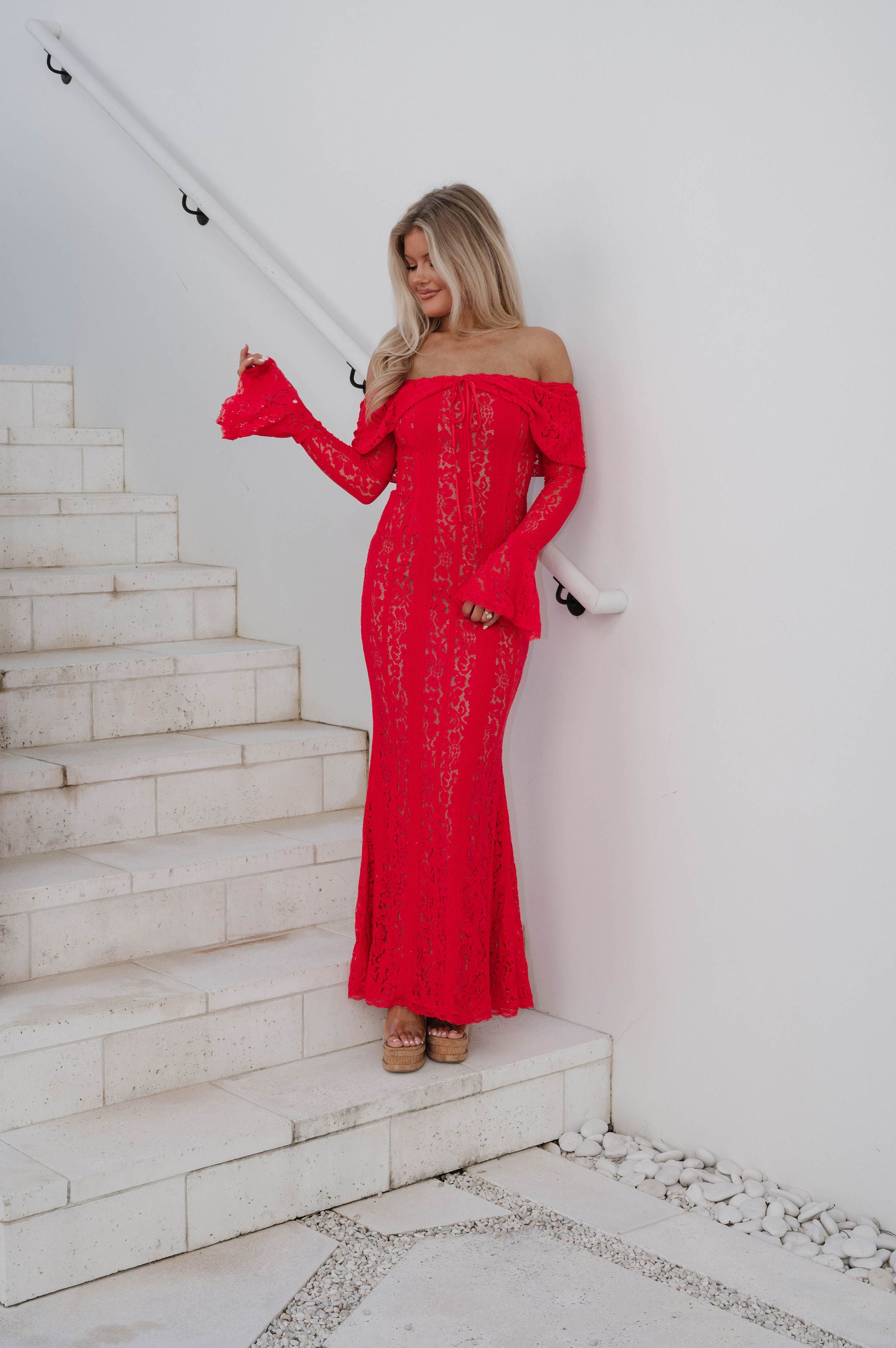 Della Lace Maxi Dress-Red/Nude Della Lace Maxi Dress-Red/Nude