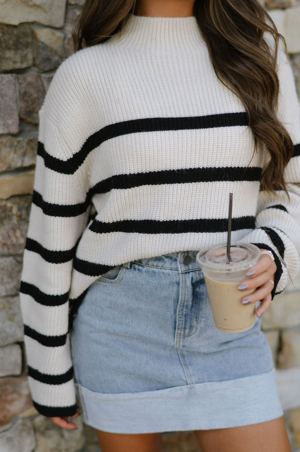 Striped Mock Neck Knit Sweater-Cream