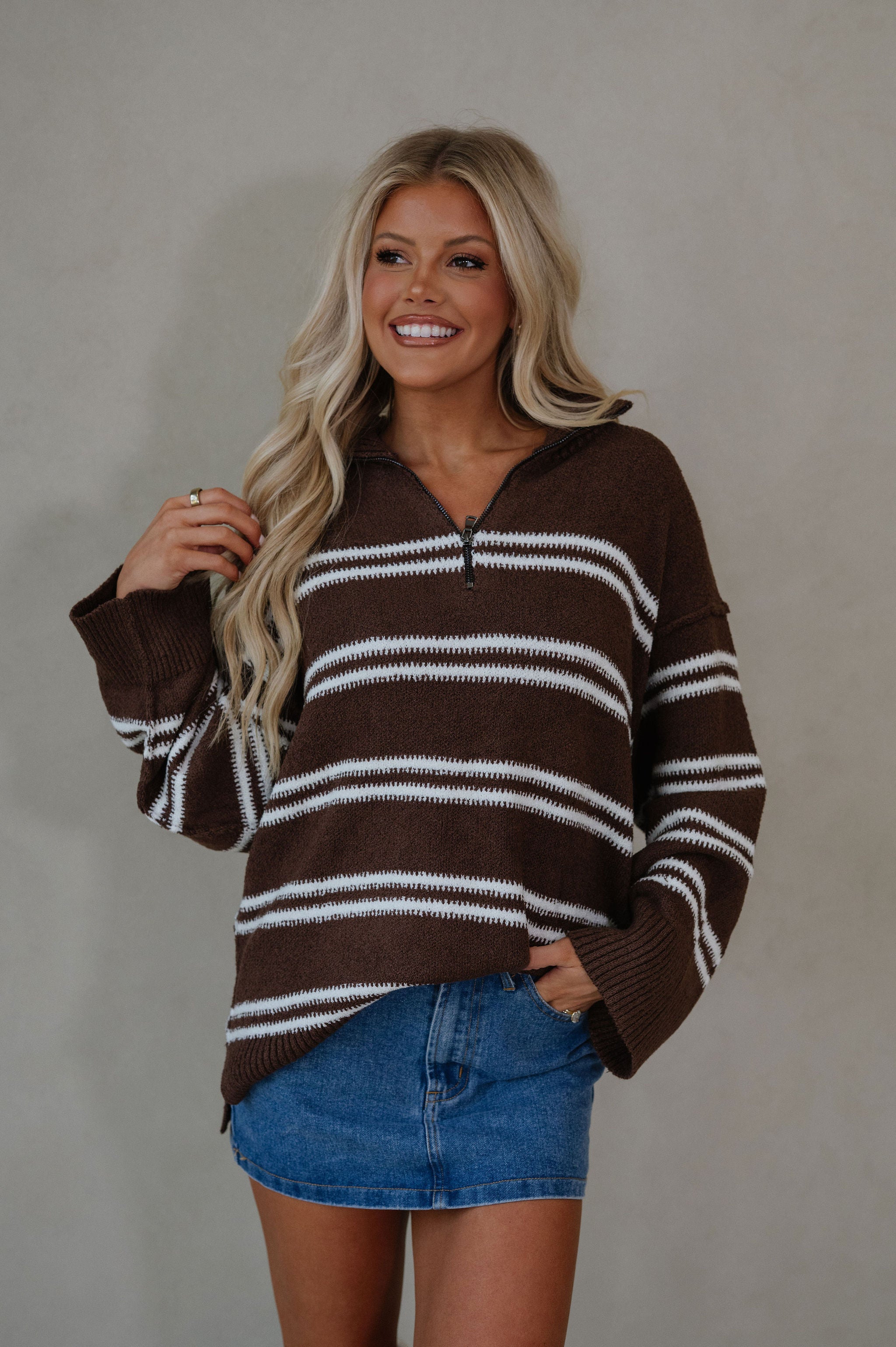 Ryder Textured Quarter Zip Sweater-Chocolate