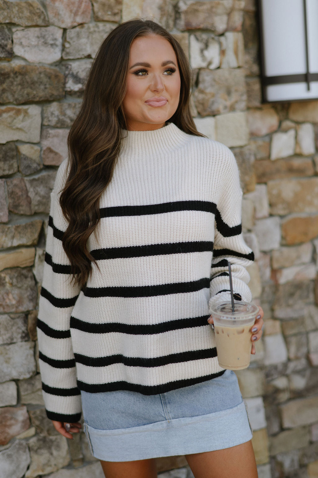 Striped Mock Neck Knit Sweater-Cream