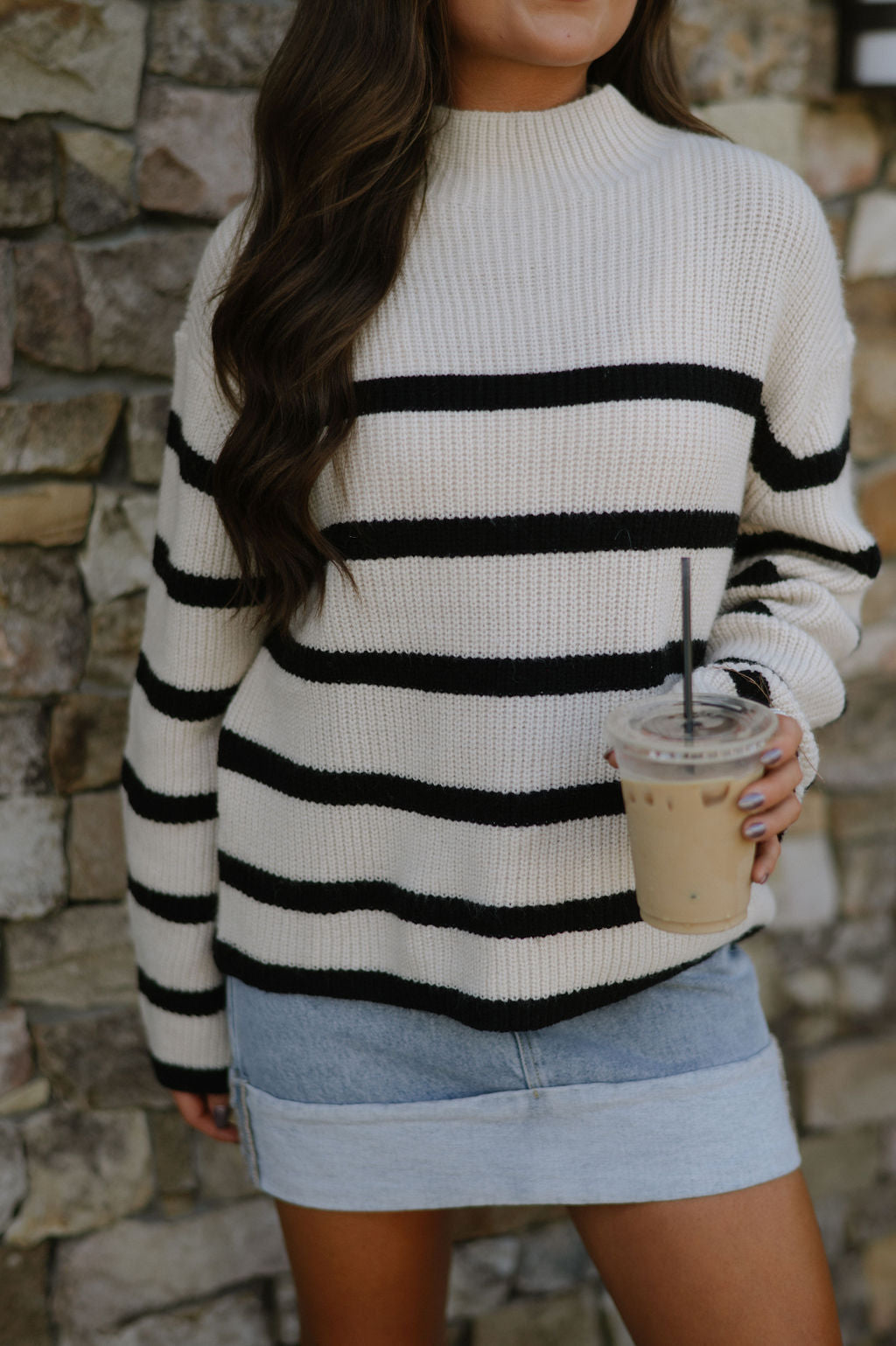 Striped Mock Neck Knit Sweater-Cream