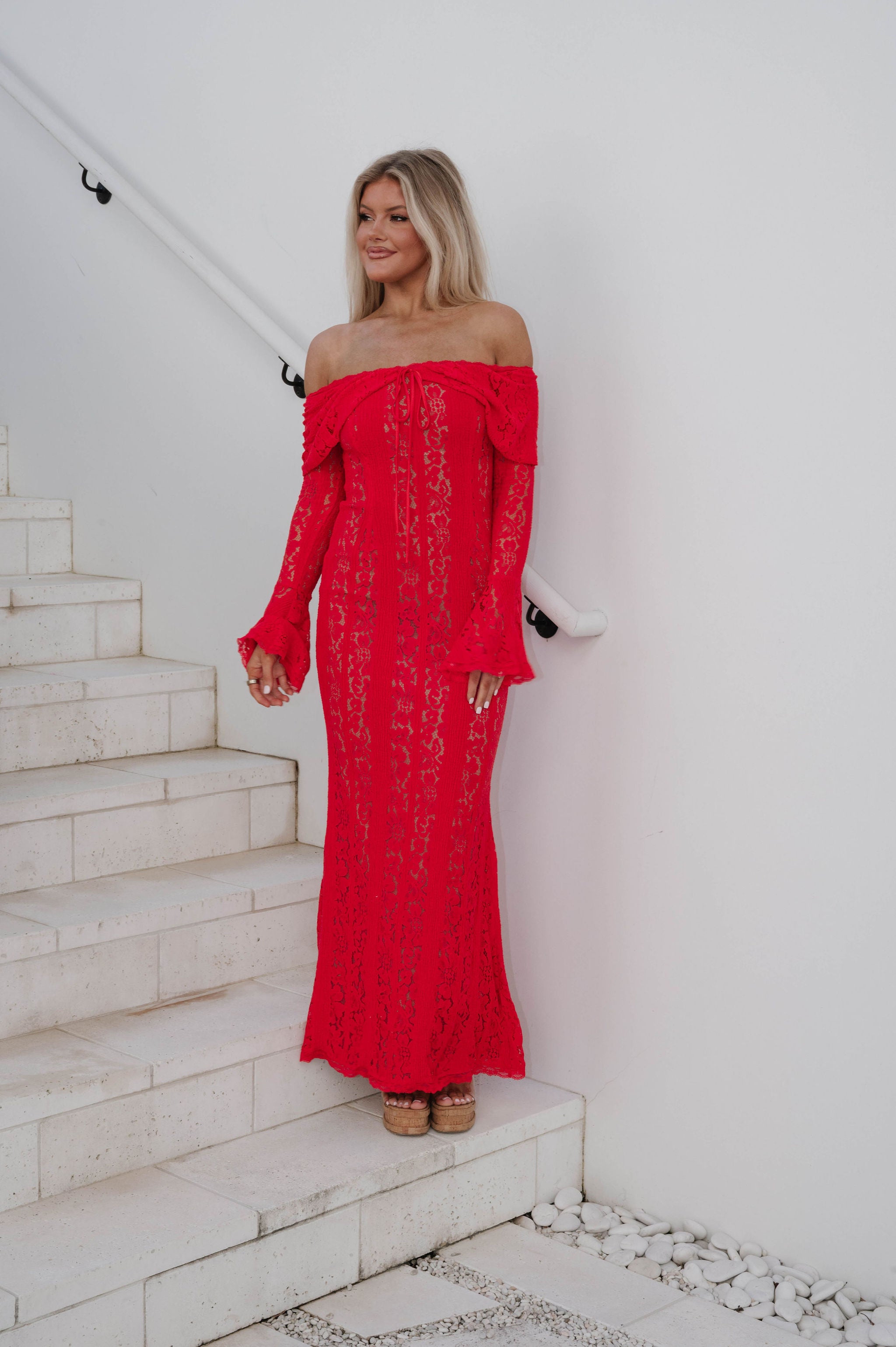 open lace back dress Della Lace Maxi Dress-Red/Nude