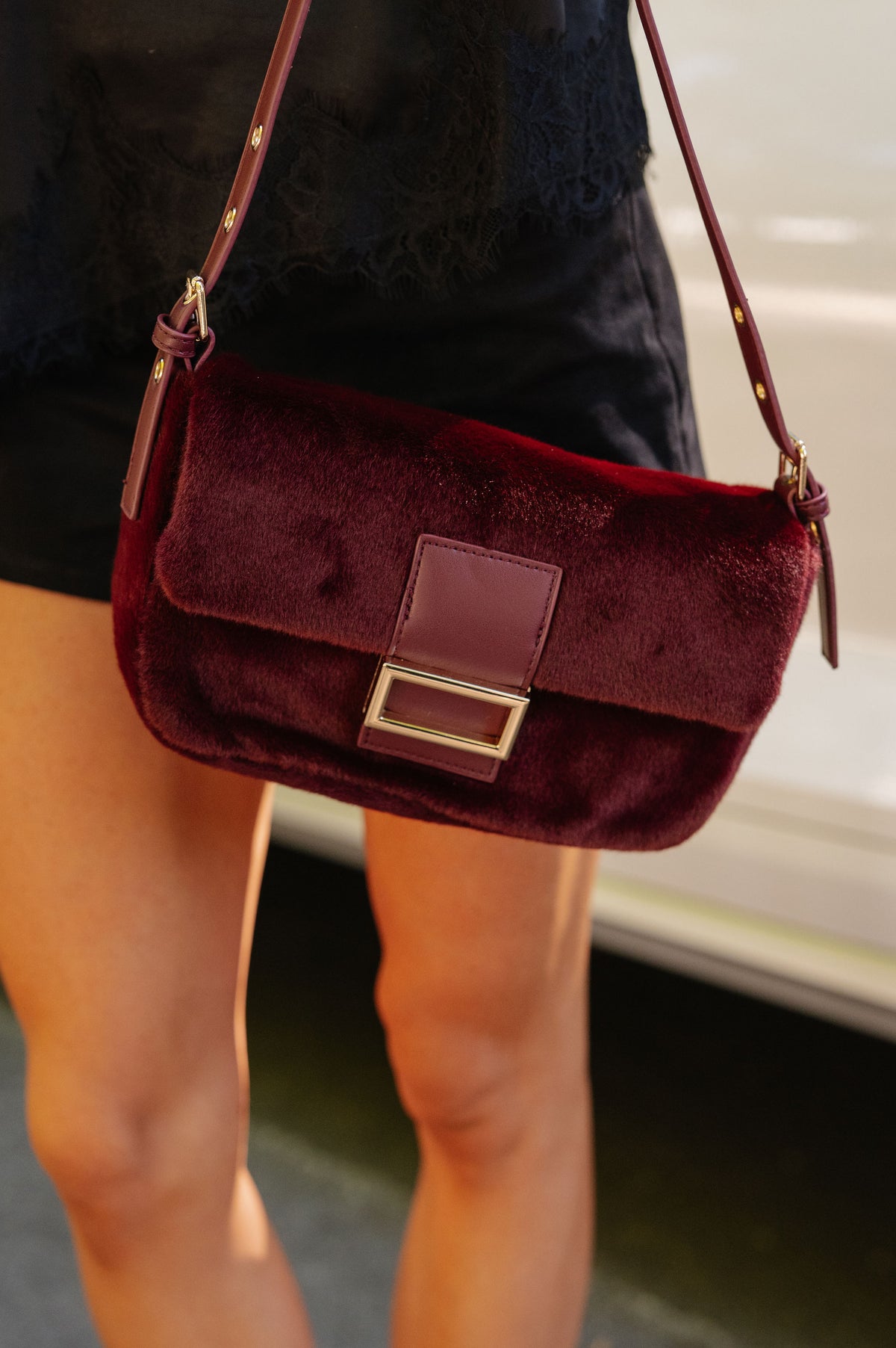 Beverly Faux Fur Crossbody-Burgundy