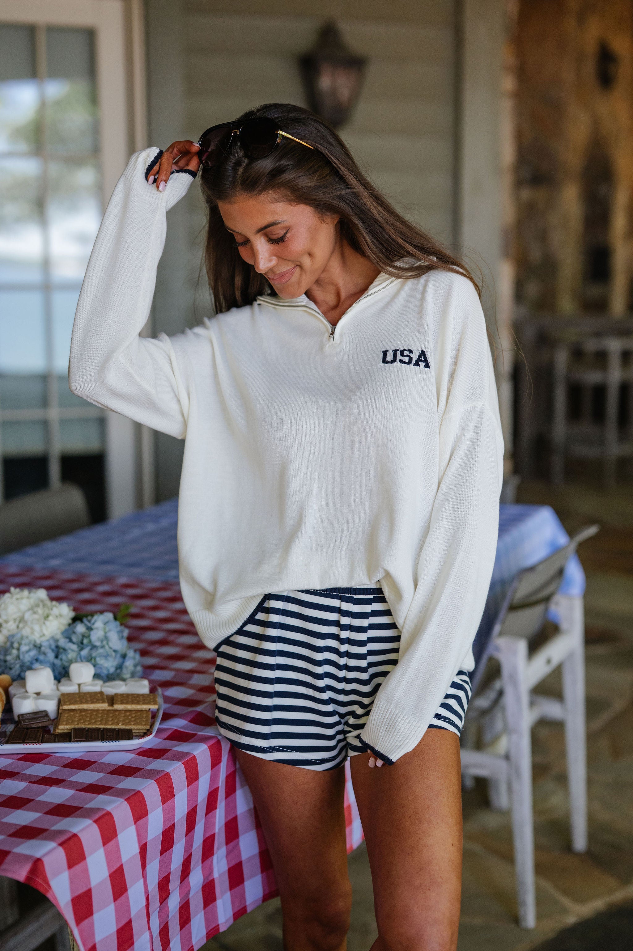 Darcy Striped Shorts-White/Navy