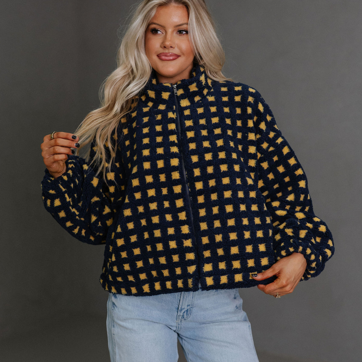 Fuzzy Checkered Sherpa Jacket-Navy Multi