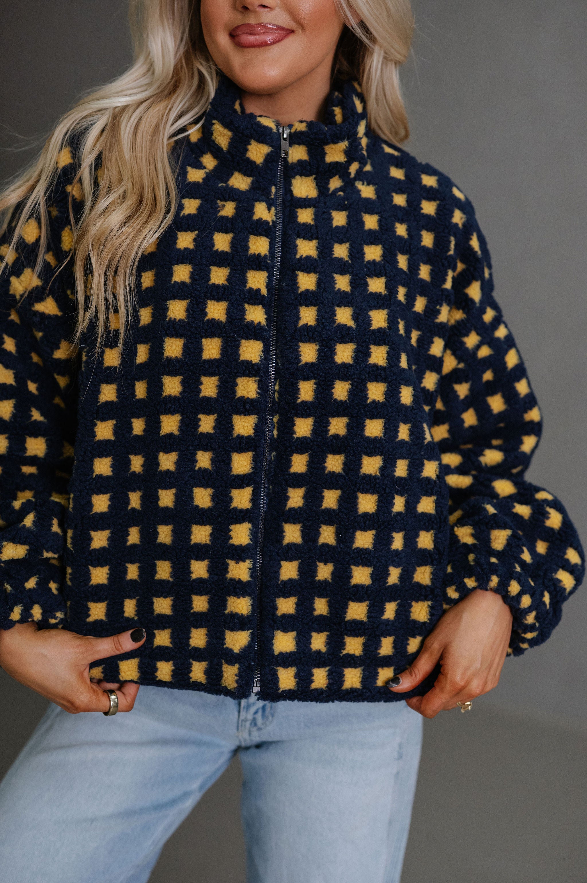 Fuzzy Checkered Sherpa Jacket-Navy Multi