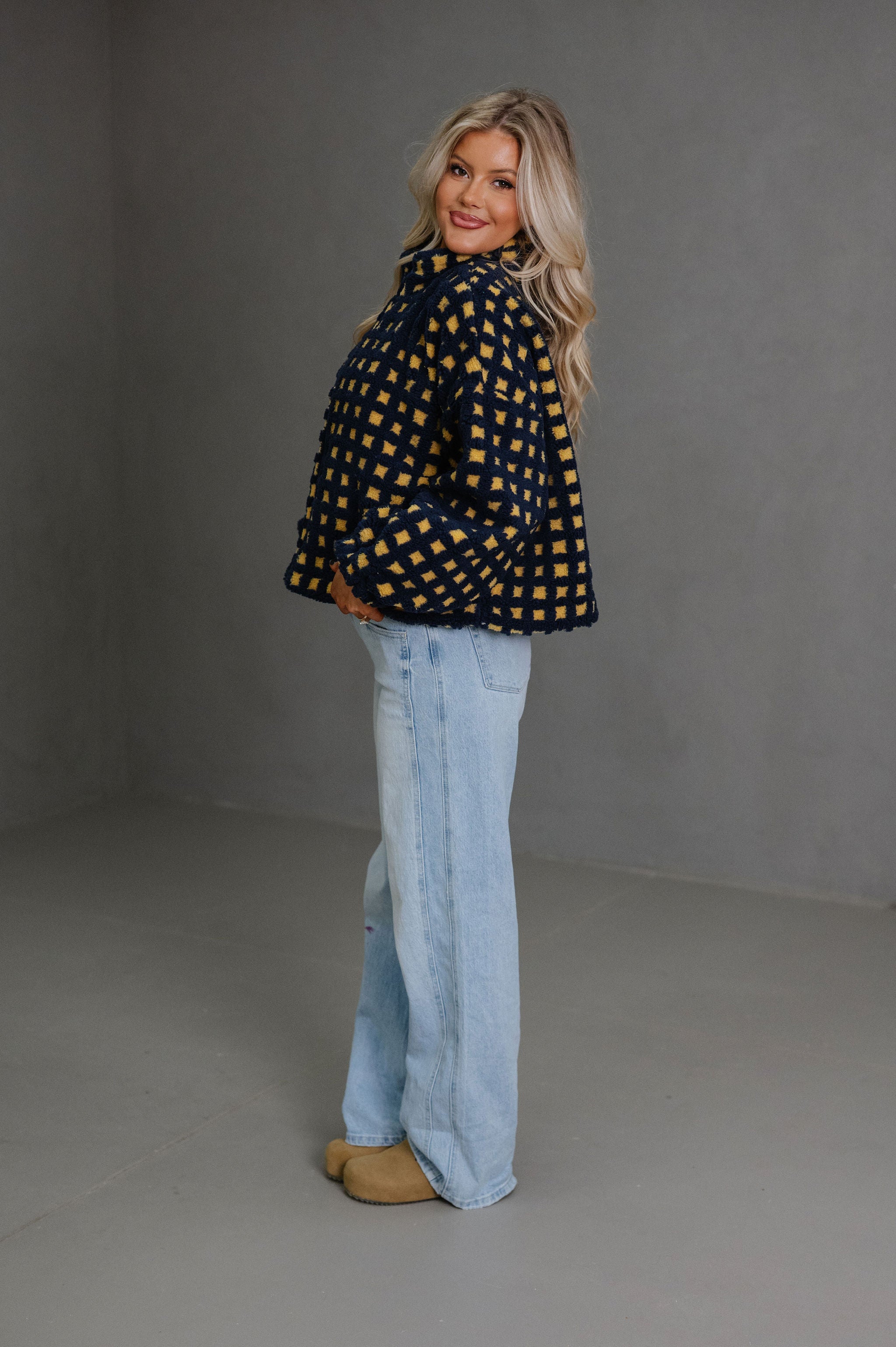 Fuzzy Checkered Sherpa Jacket-Navy Multi