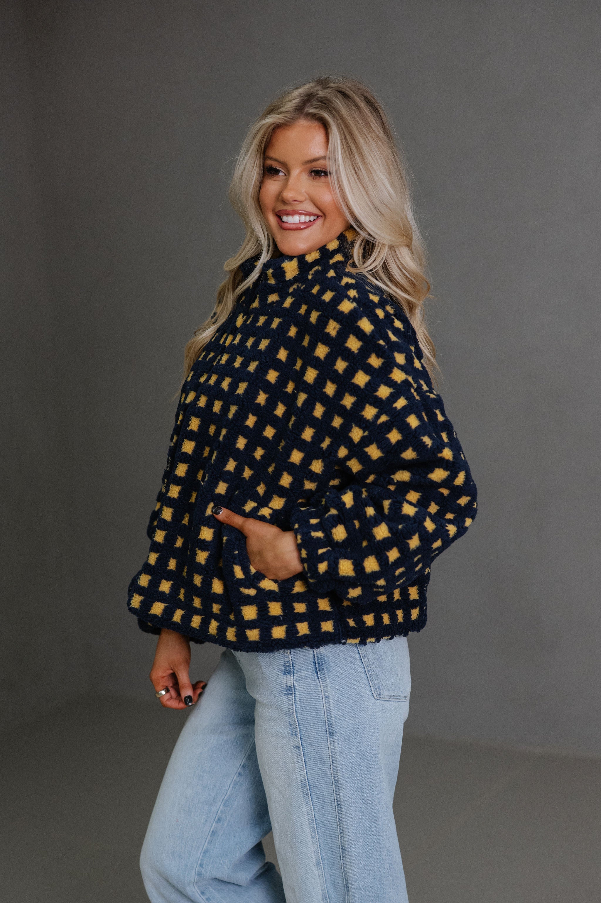 Fuzzy Checkered Sherpa Jacket-Navy Multi