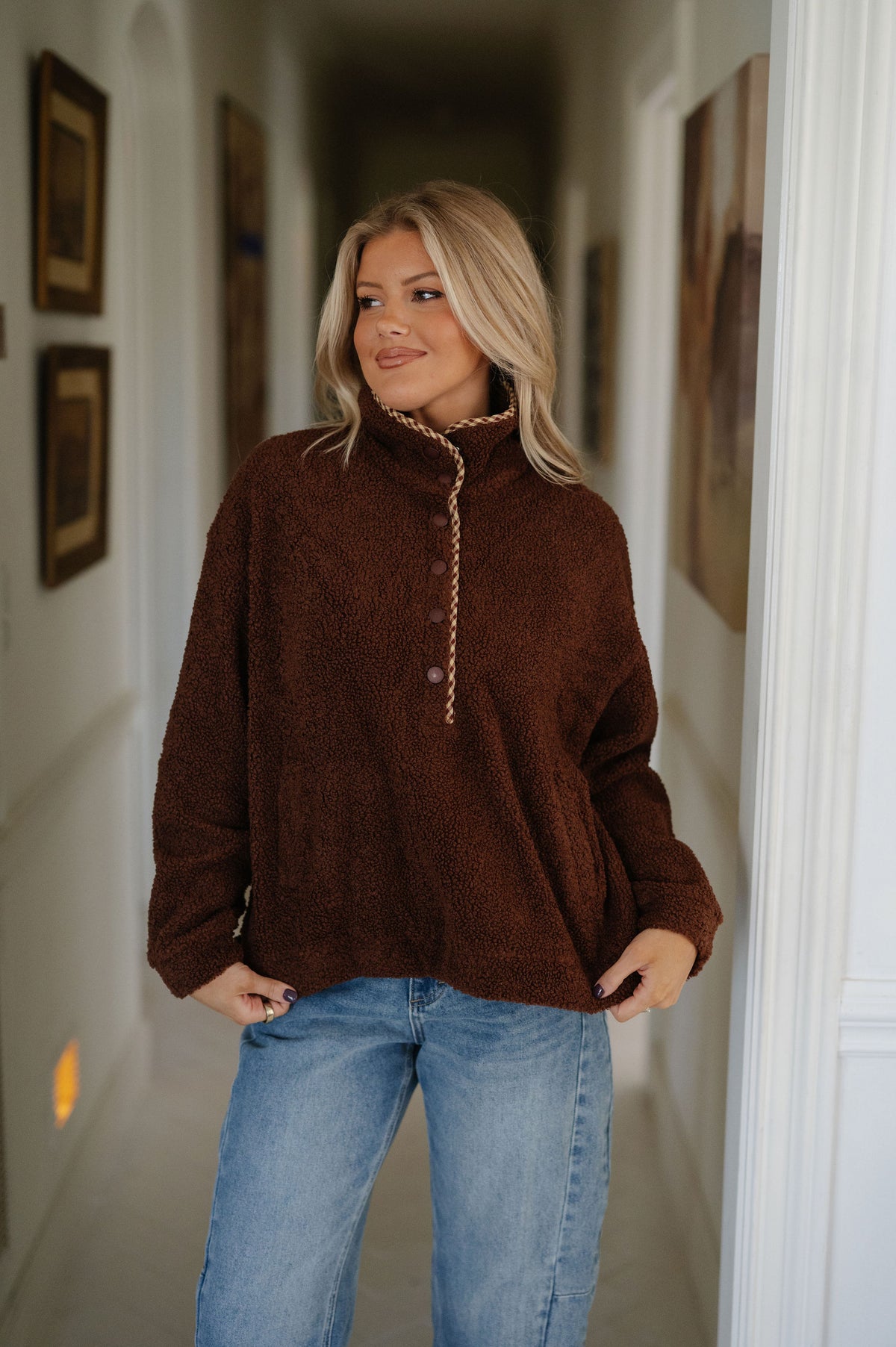 Madison Sherpa Pullover-Dark Brown