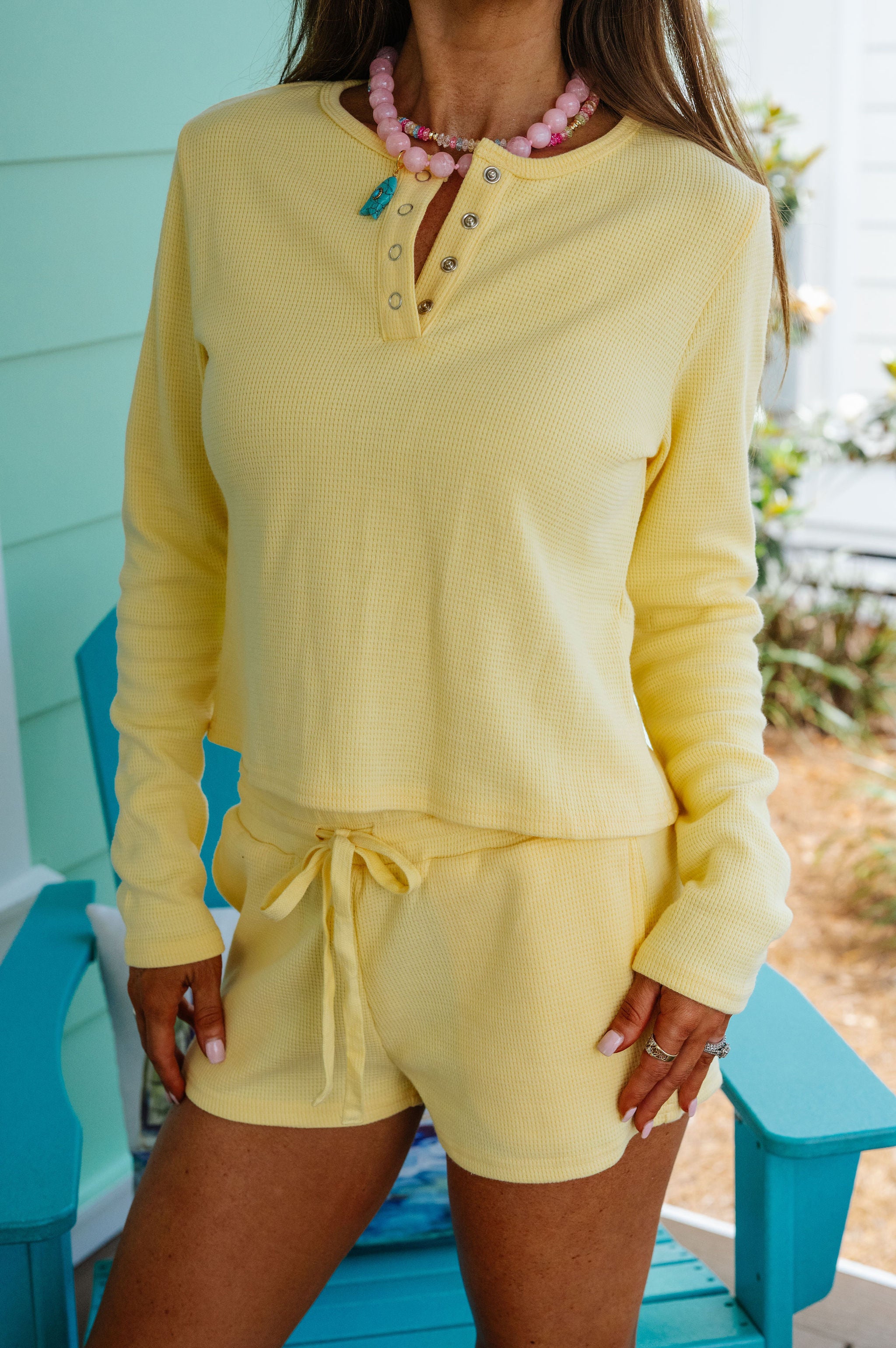 Waffle Knit Shorts Set-Yellow