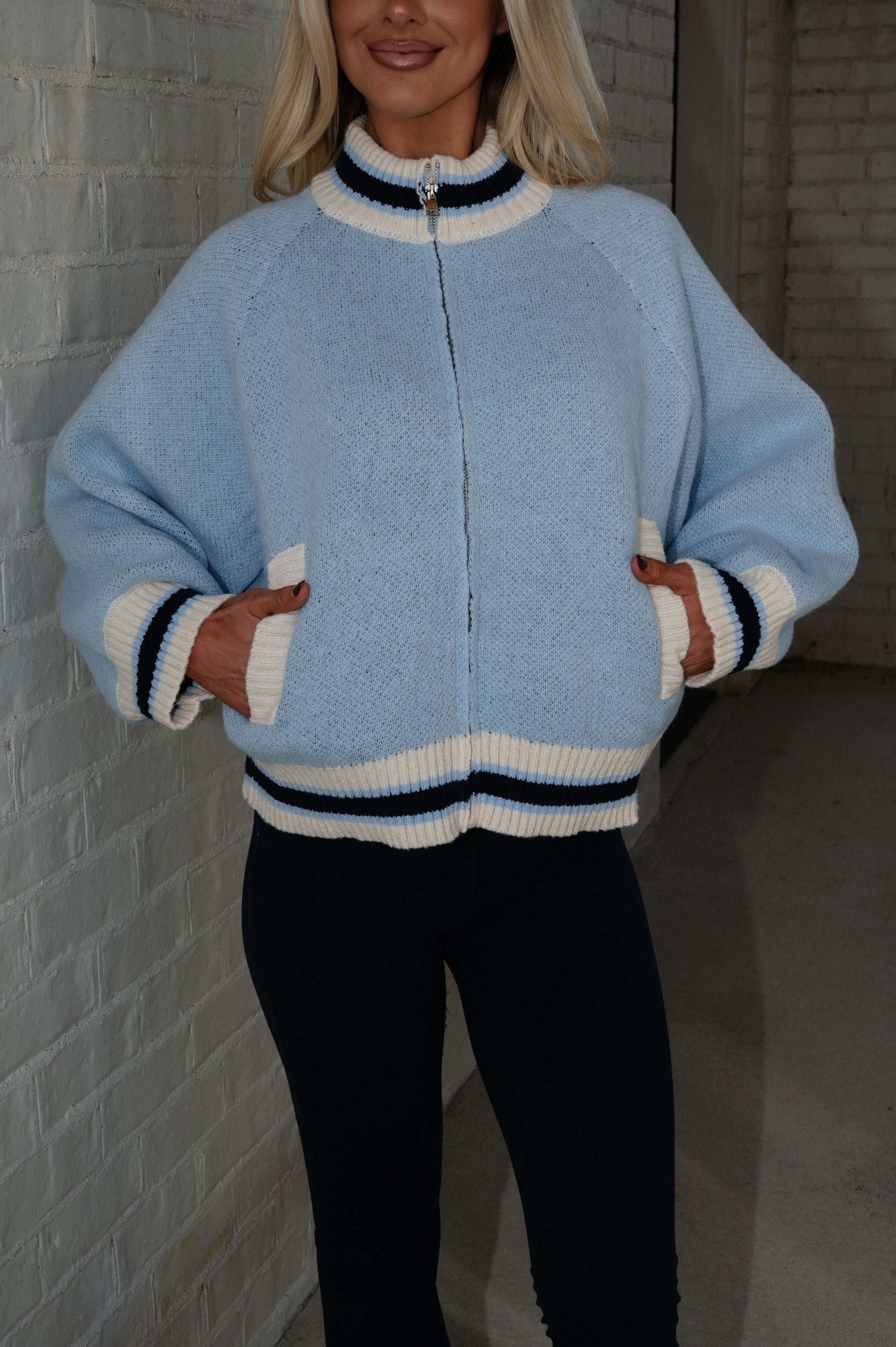 "Let's Ride" Zip Cardigan-Sky Blue