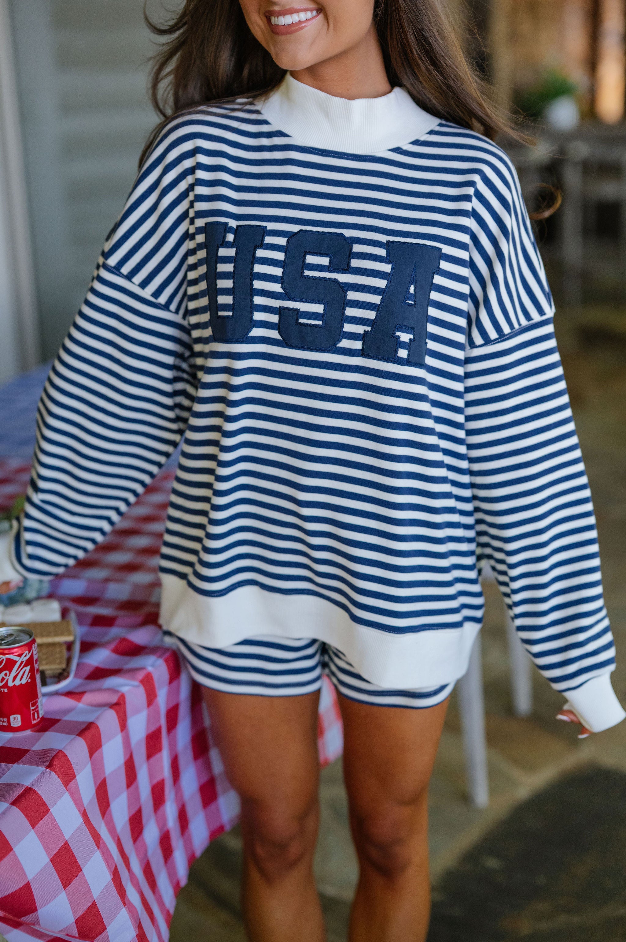 USA Stripe Mock Neck Set-Navy/White