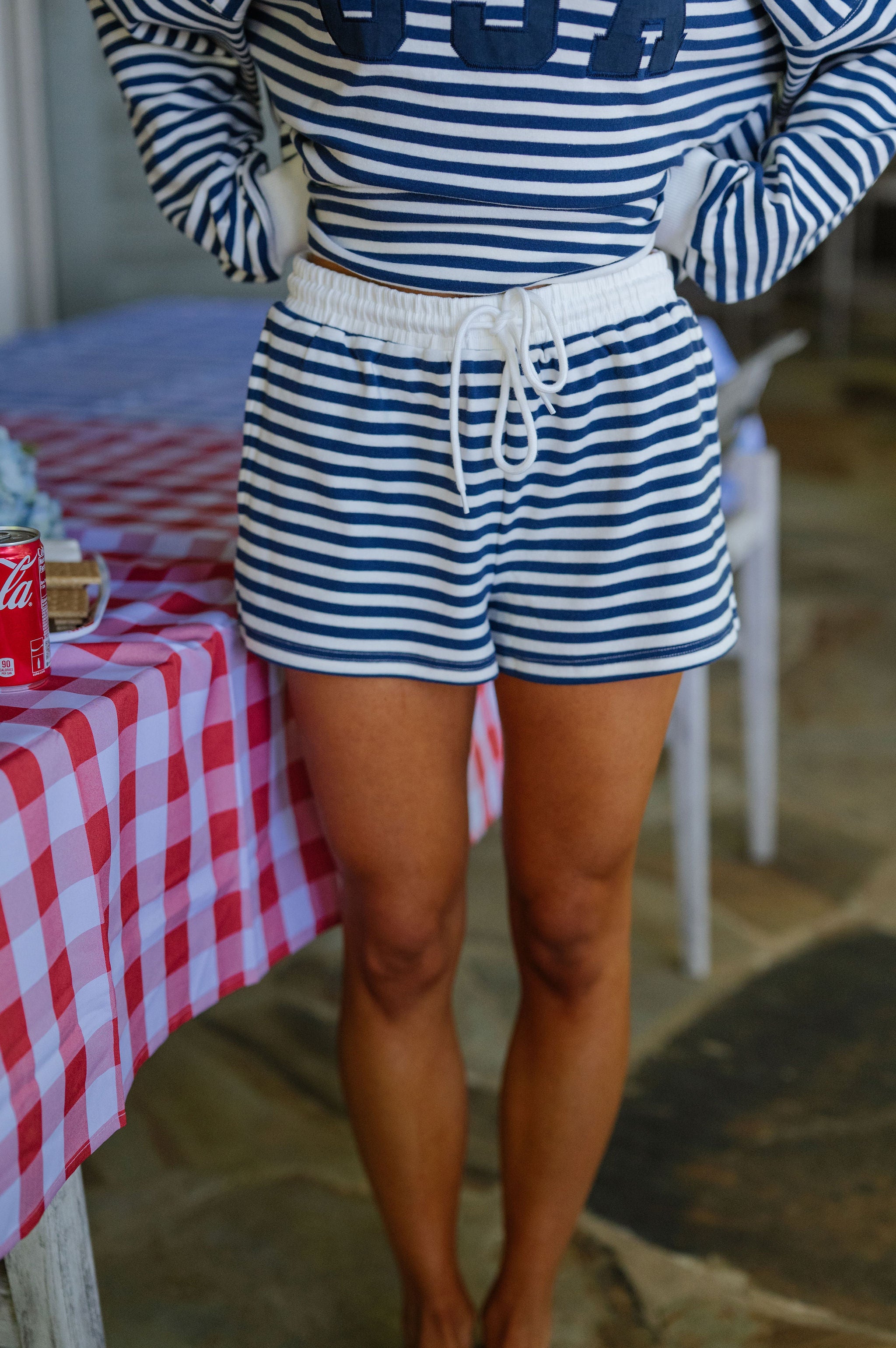 USA Stripe Mock Neck Set-Navy/White