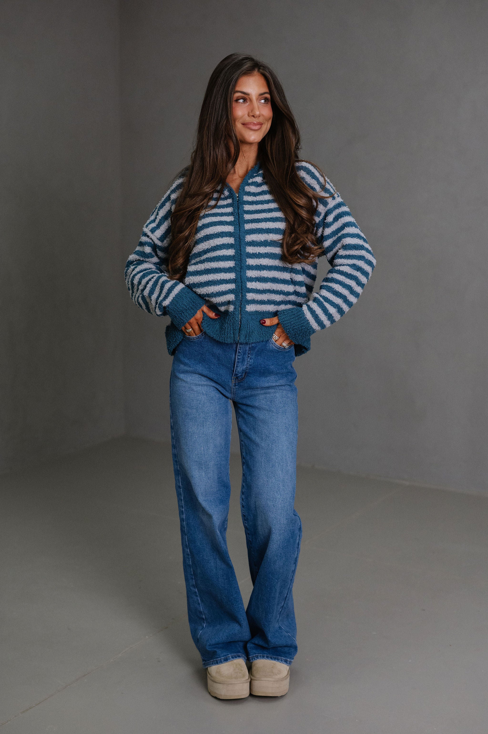 Missy Striped Hooded Cardigan-Teal/Grey