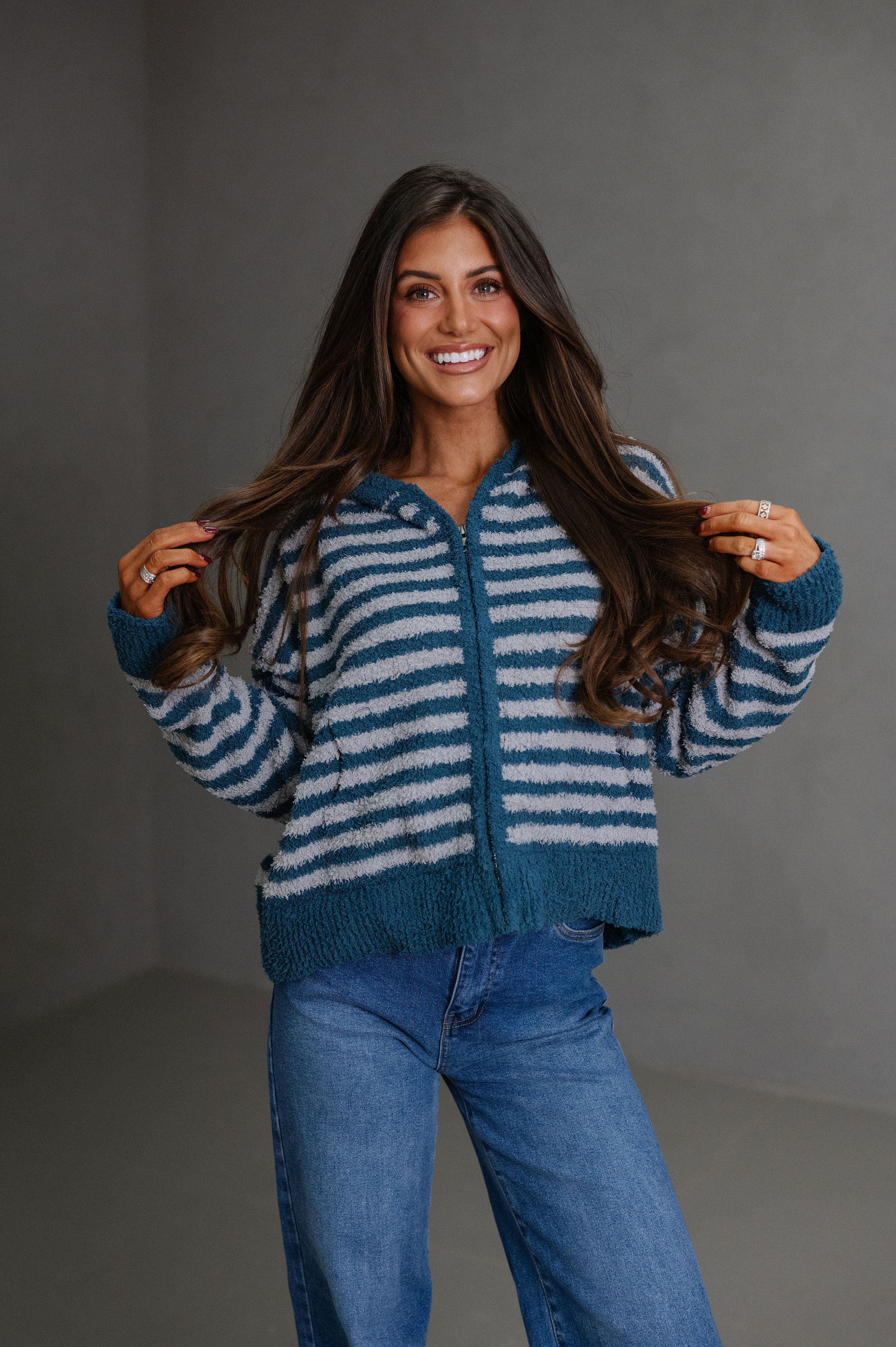 Missy Striped Hooded Cardigan-Teal/Grey