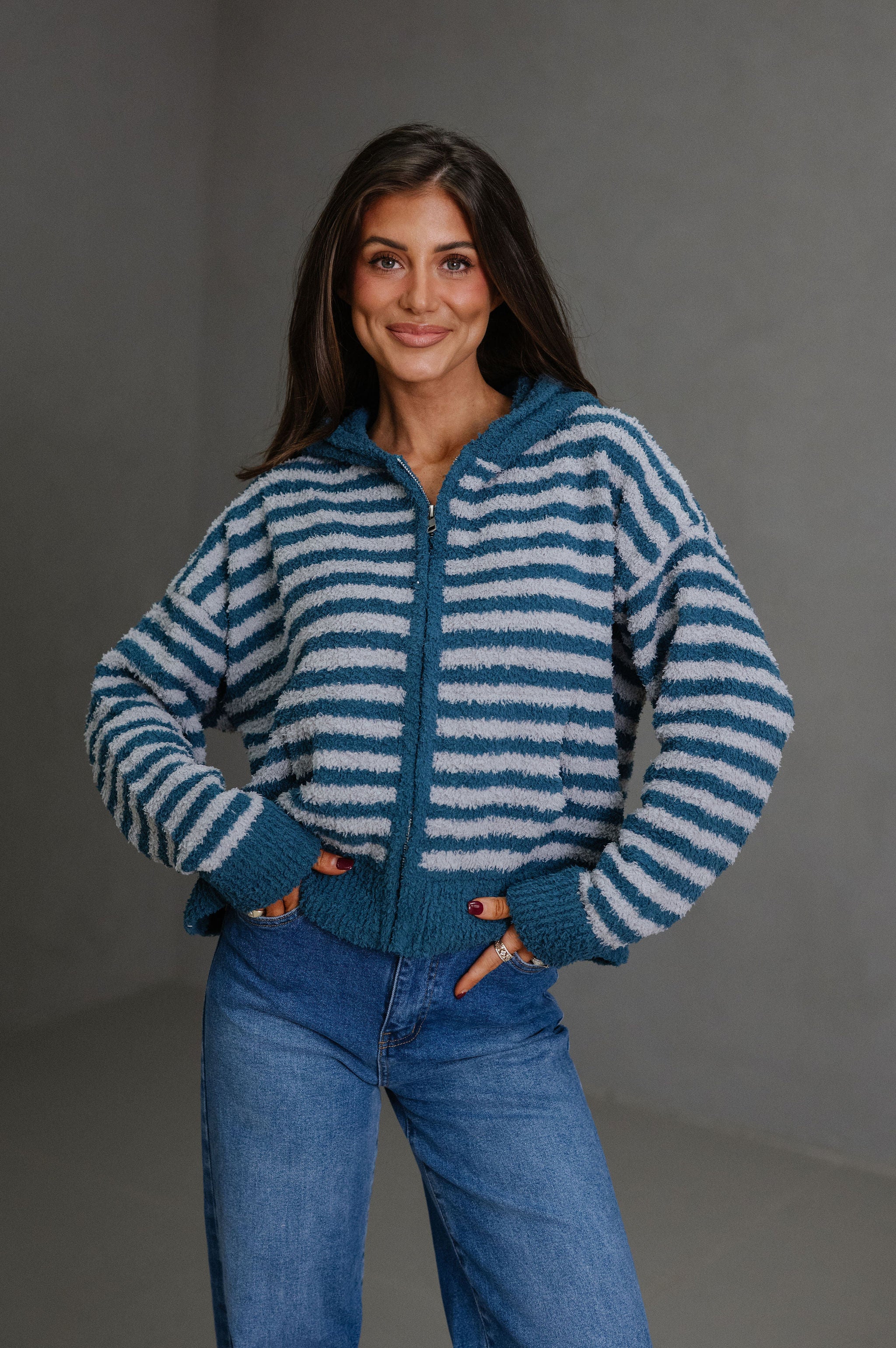 Missy Striped Hooded Cardigan-Teal/Grey