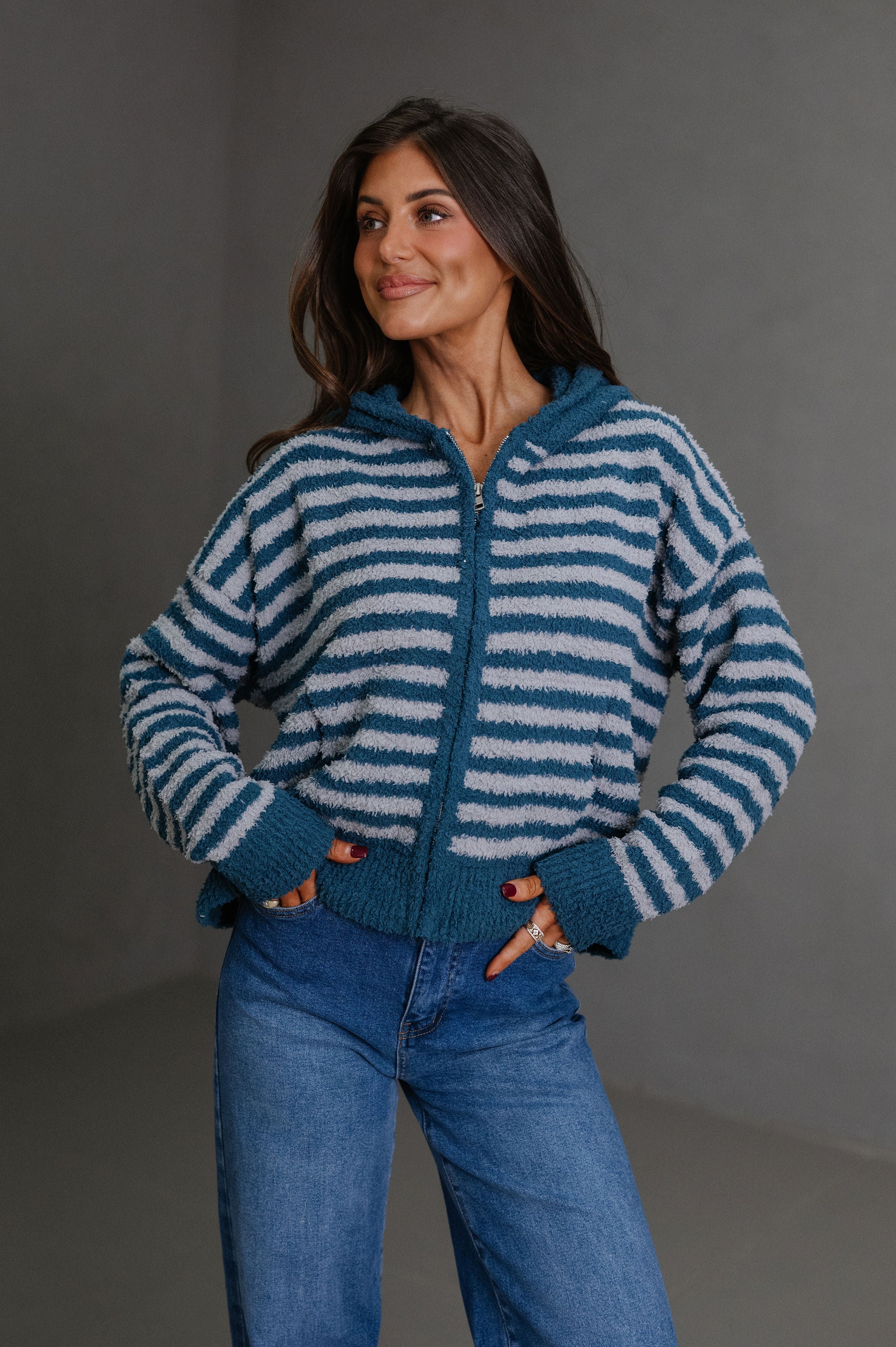 Missy Striped Hooded Cardigan-Teal/Grey