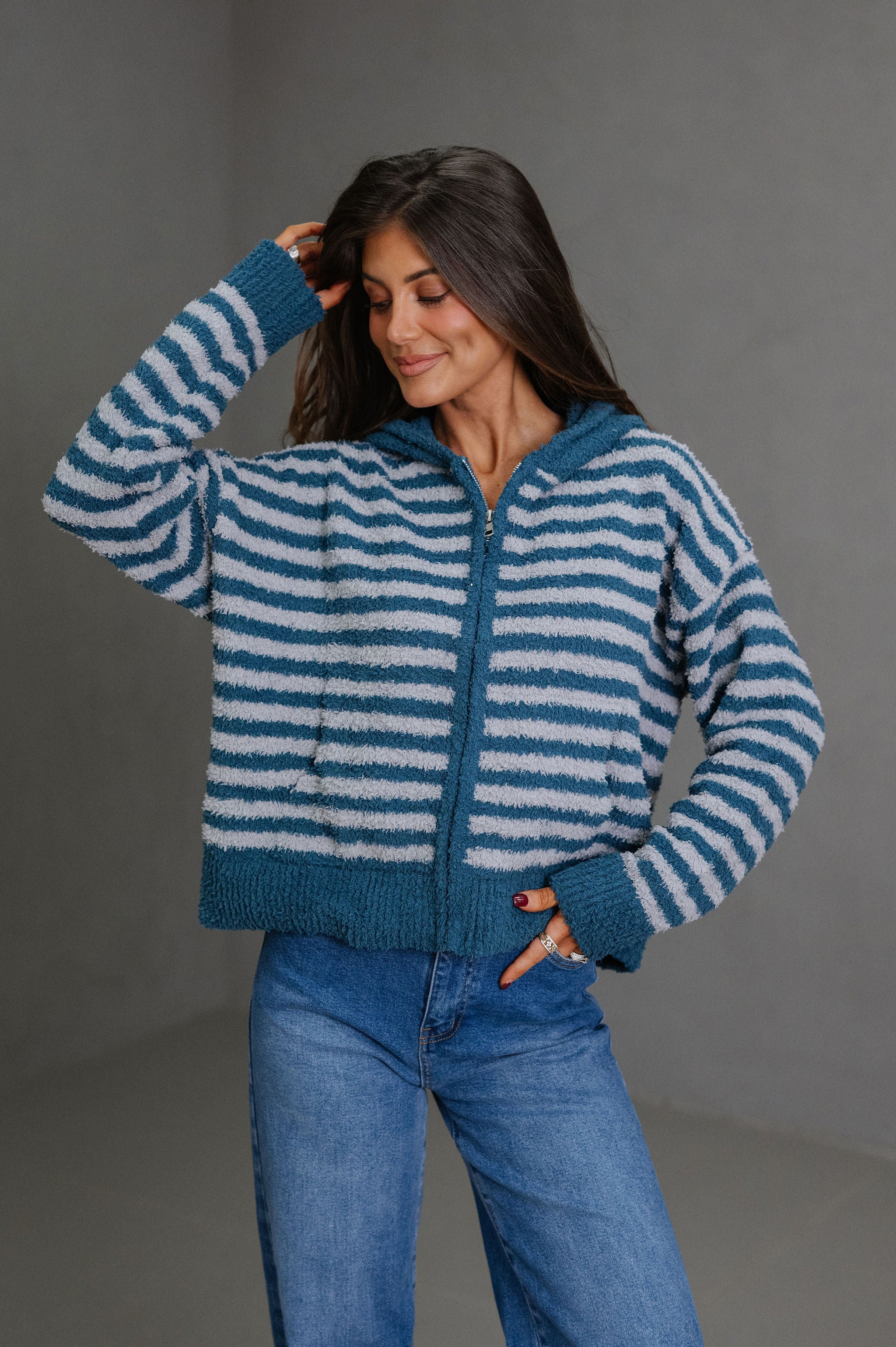Missy Striped Hooded Cardigan-Teal/Grey