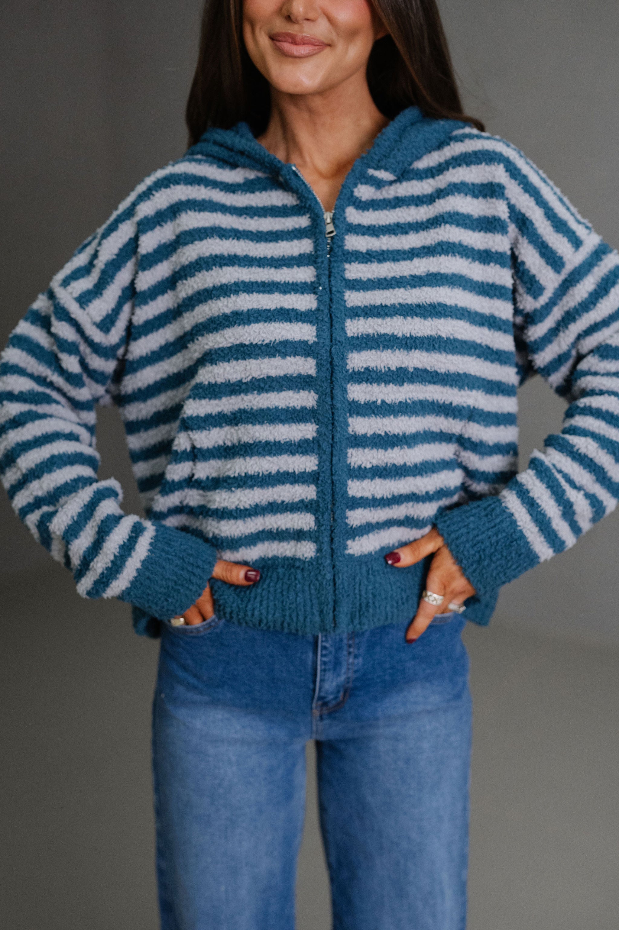 Missy Striped Hooded Cardigan-Teal/Grey