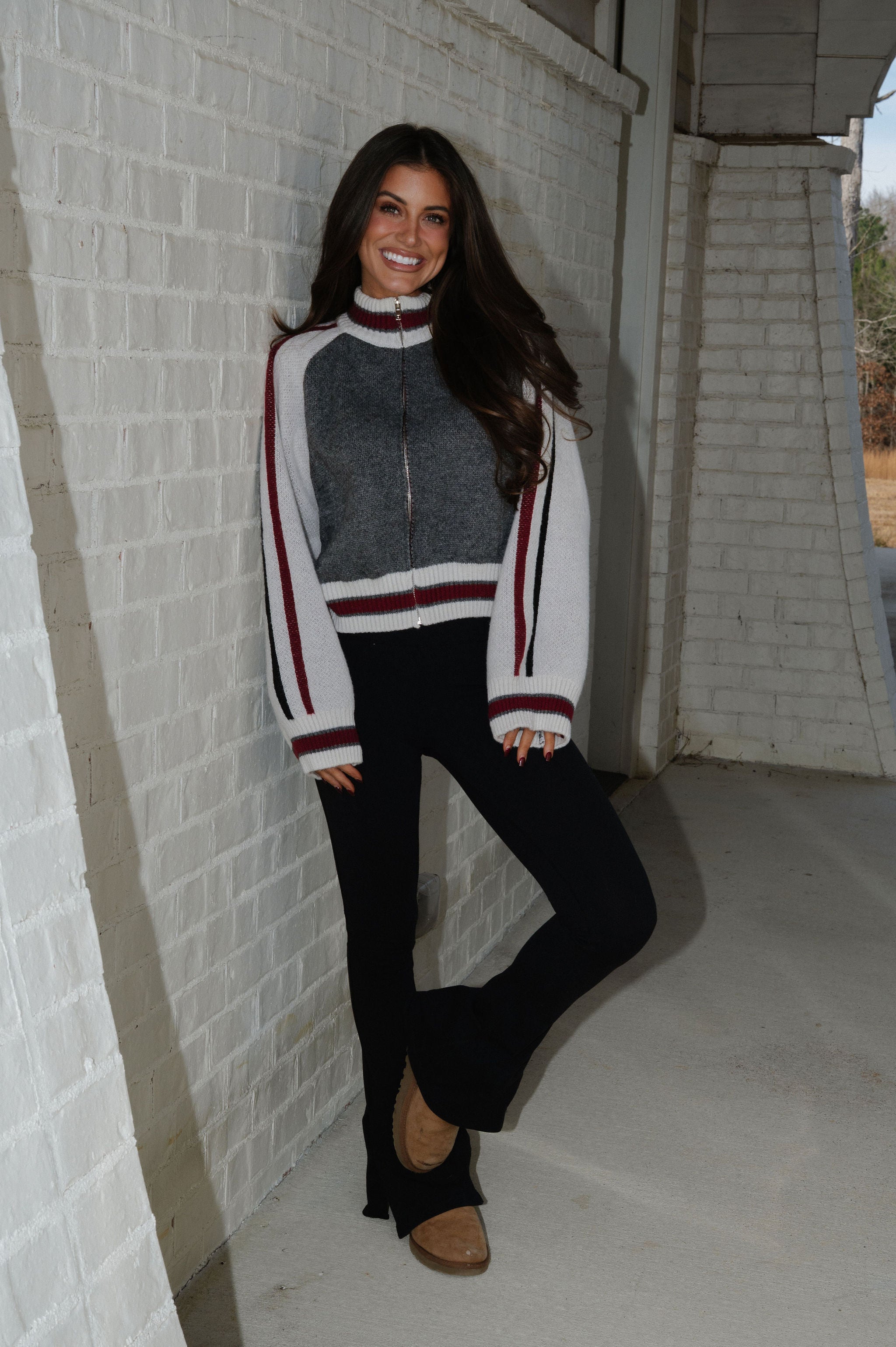 Hollis Zip Cardigan-Grey/Burgundy