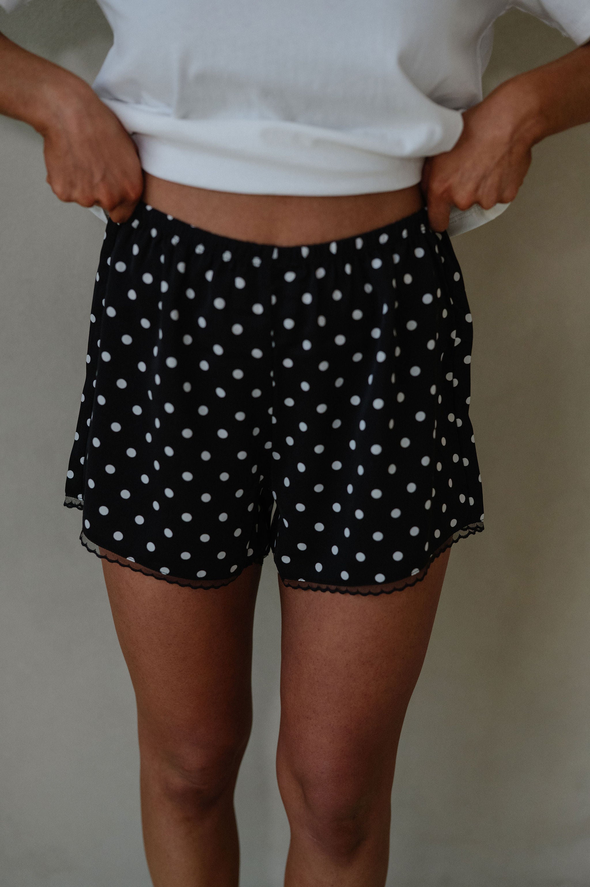 Devon Polka Dot Satin Shorts-Black