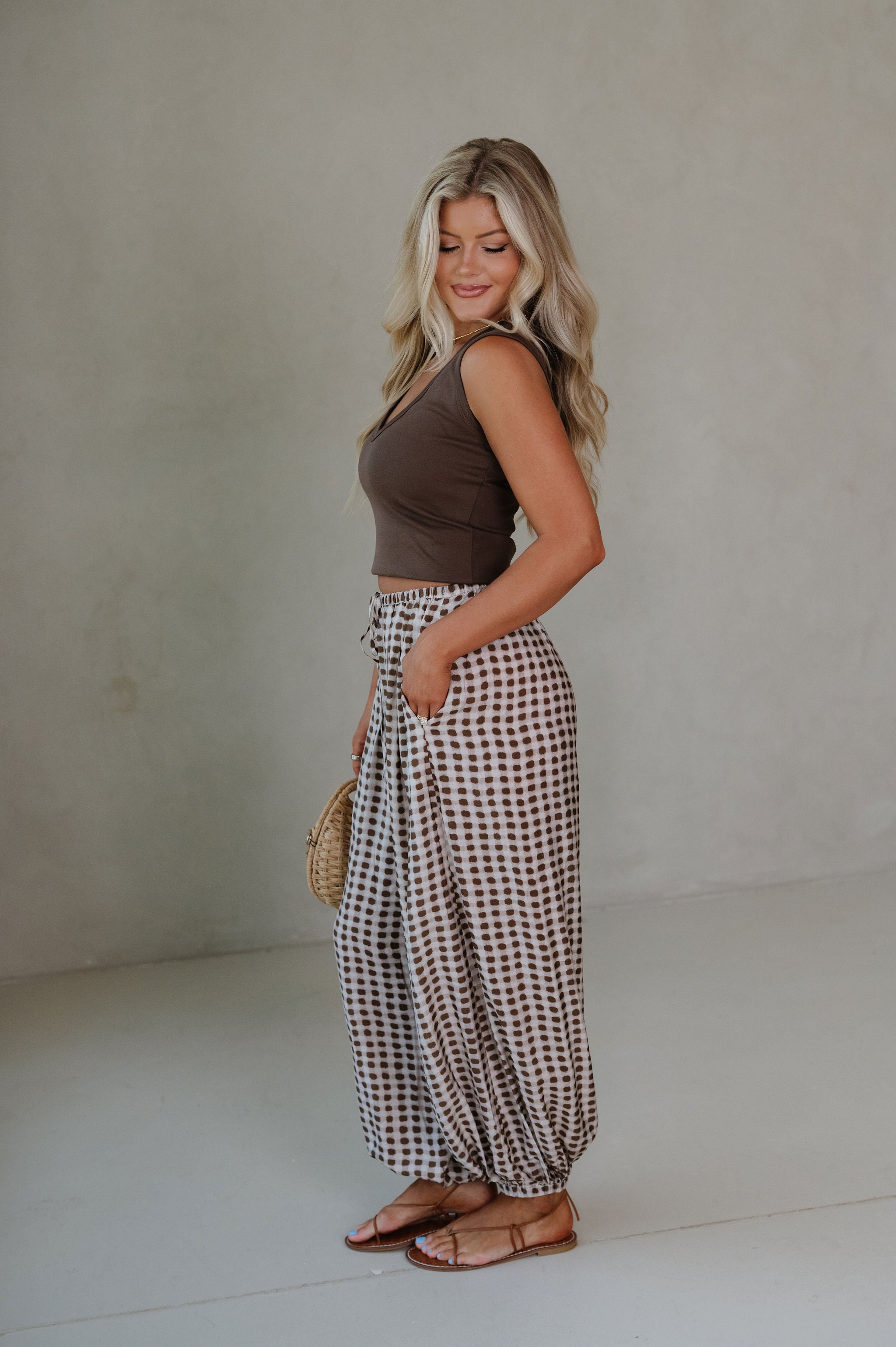 Geo Dot Print Pants-Mocha