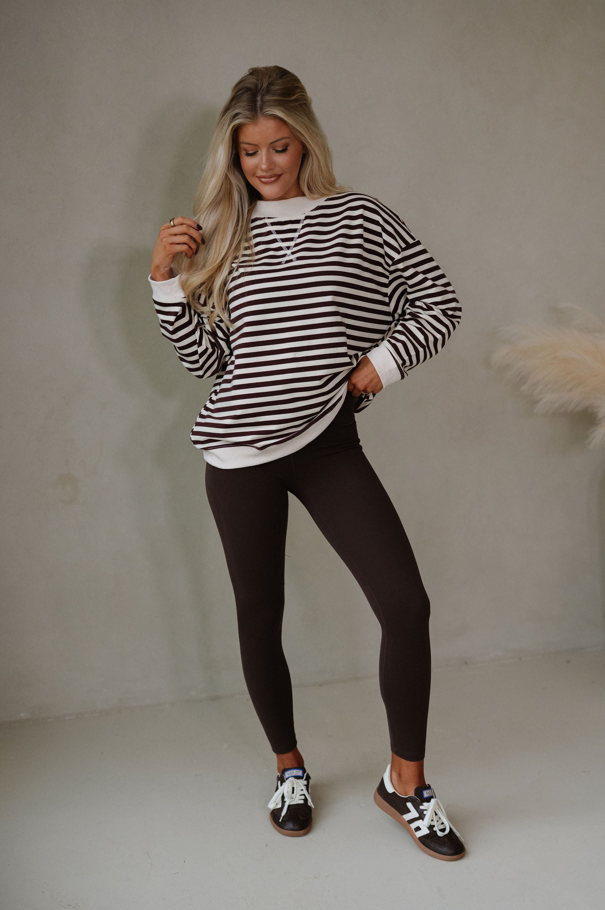 Hadley Striped Terry Sweatshirt-Chocolate/Ivory