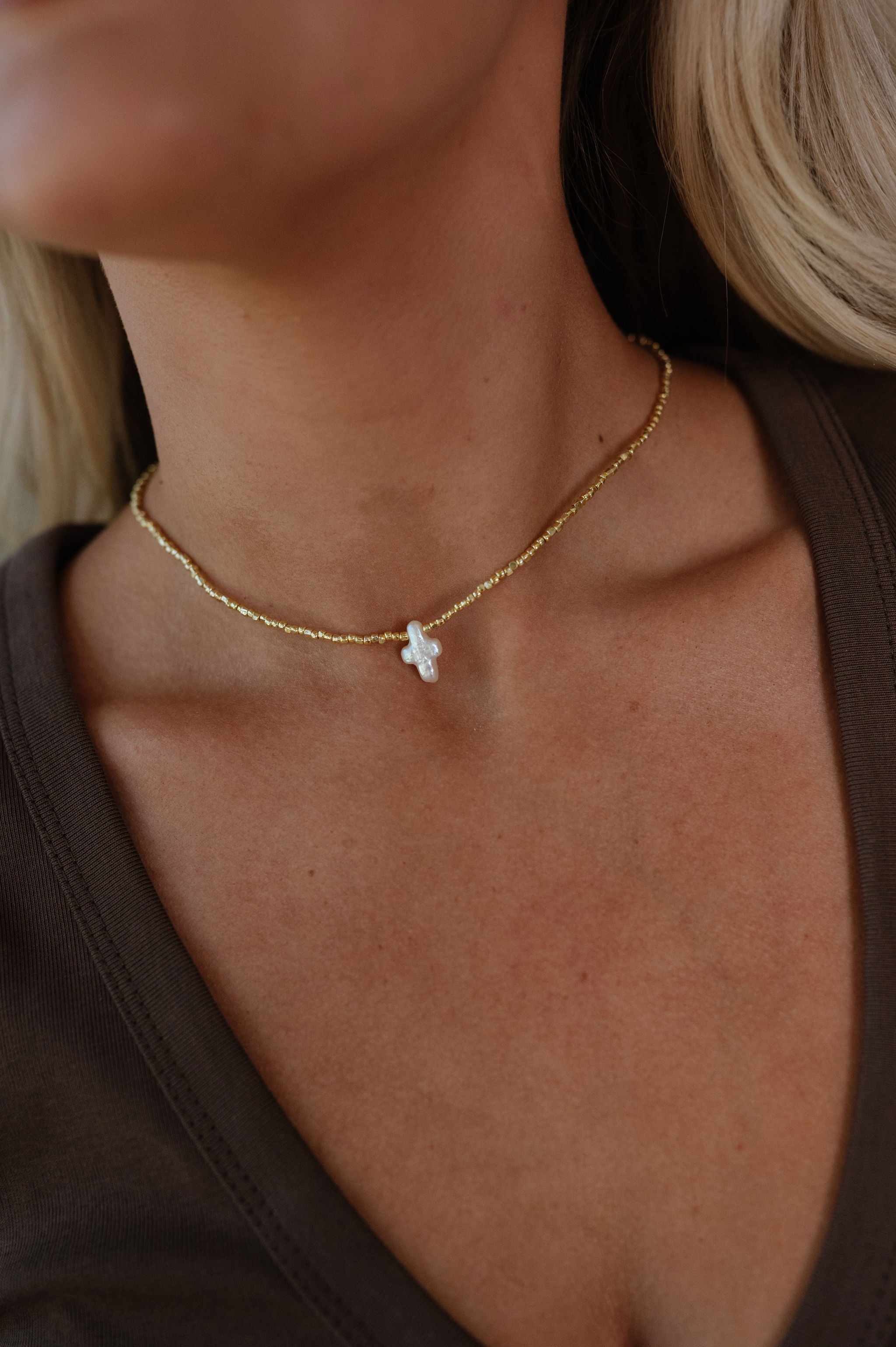Dainty Beaded Cross Necklace-Gold