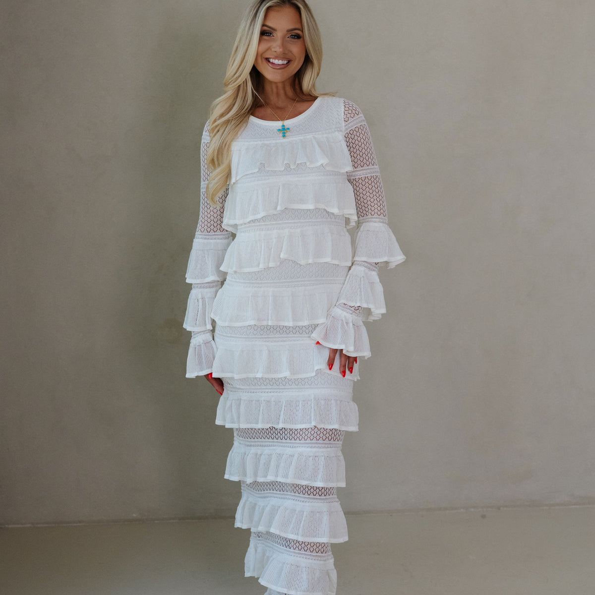 Ally Long Sleeve Tiered Ruffle Maxi Dress-Cream M