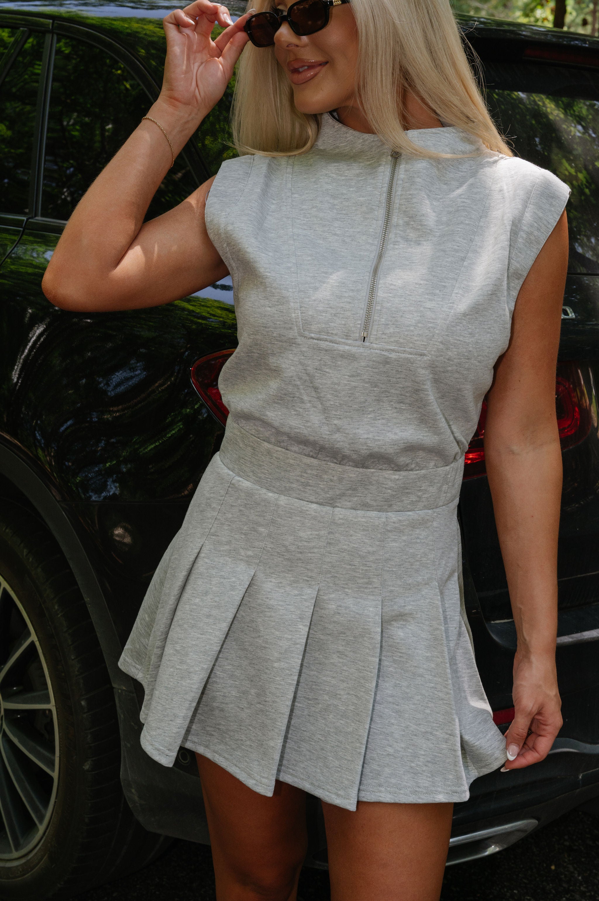 Ashlyn Scuba Pleated Dress-Grey