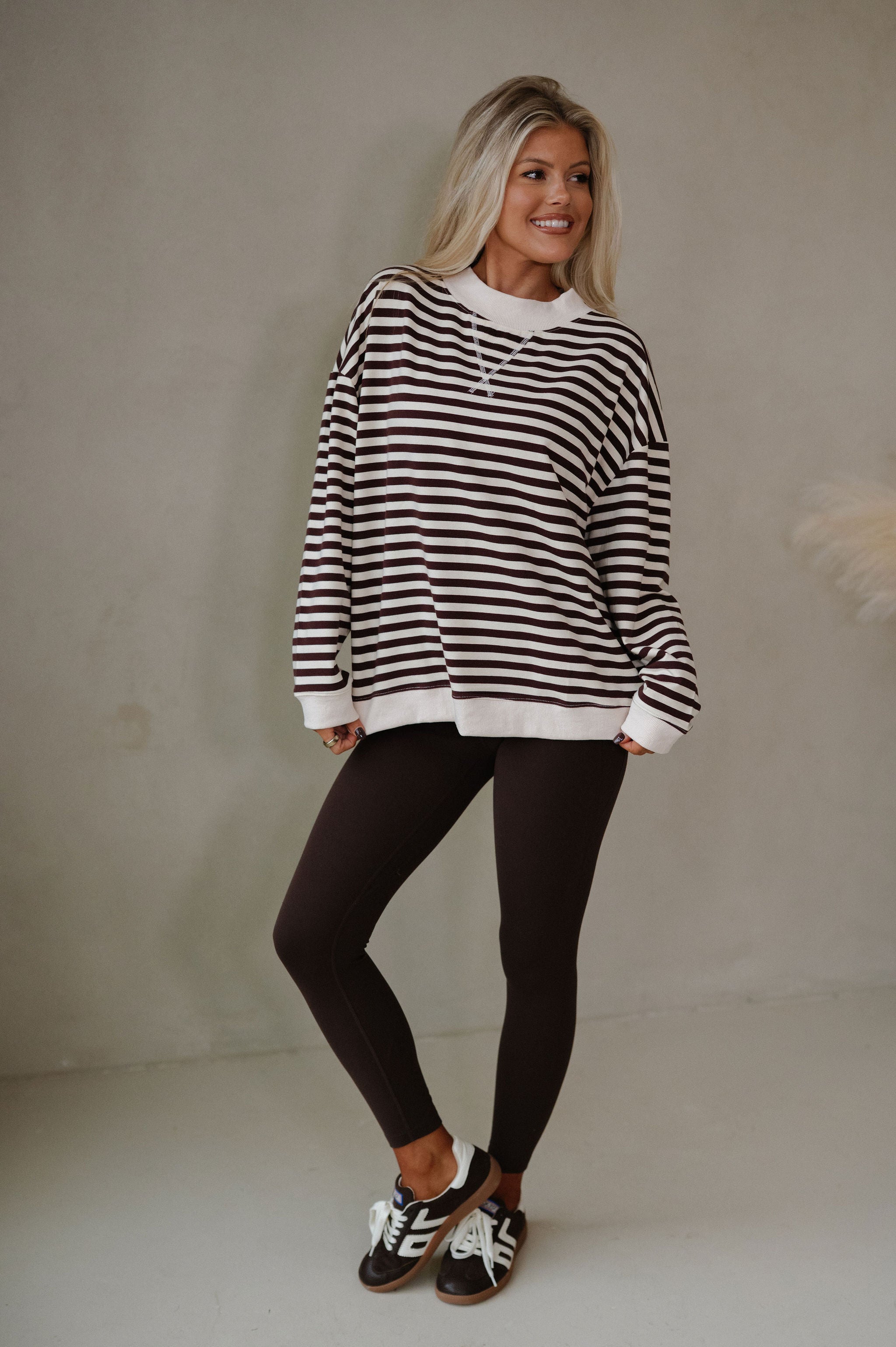 Hadley Striped Terry Sweatshirt-Chocolate/Ivory