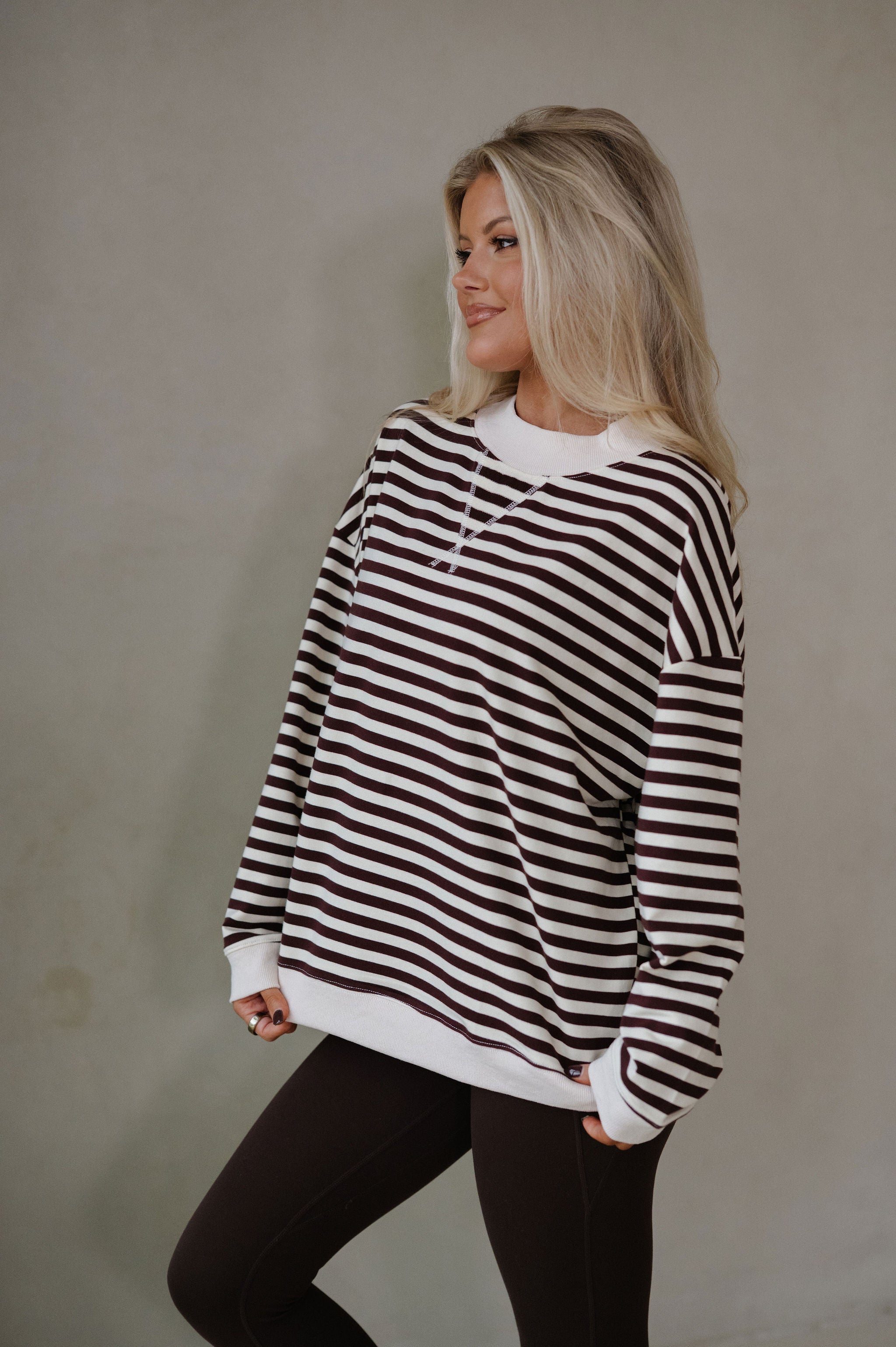 Hadley Striped Terry Sweatshirt-Chocolate/Ivory
