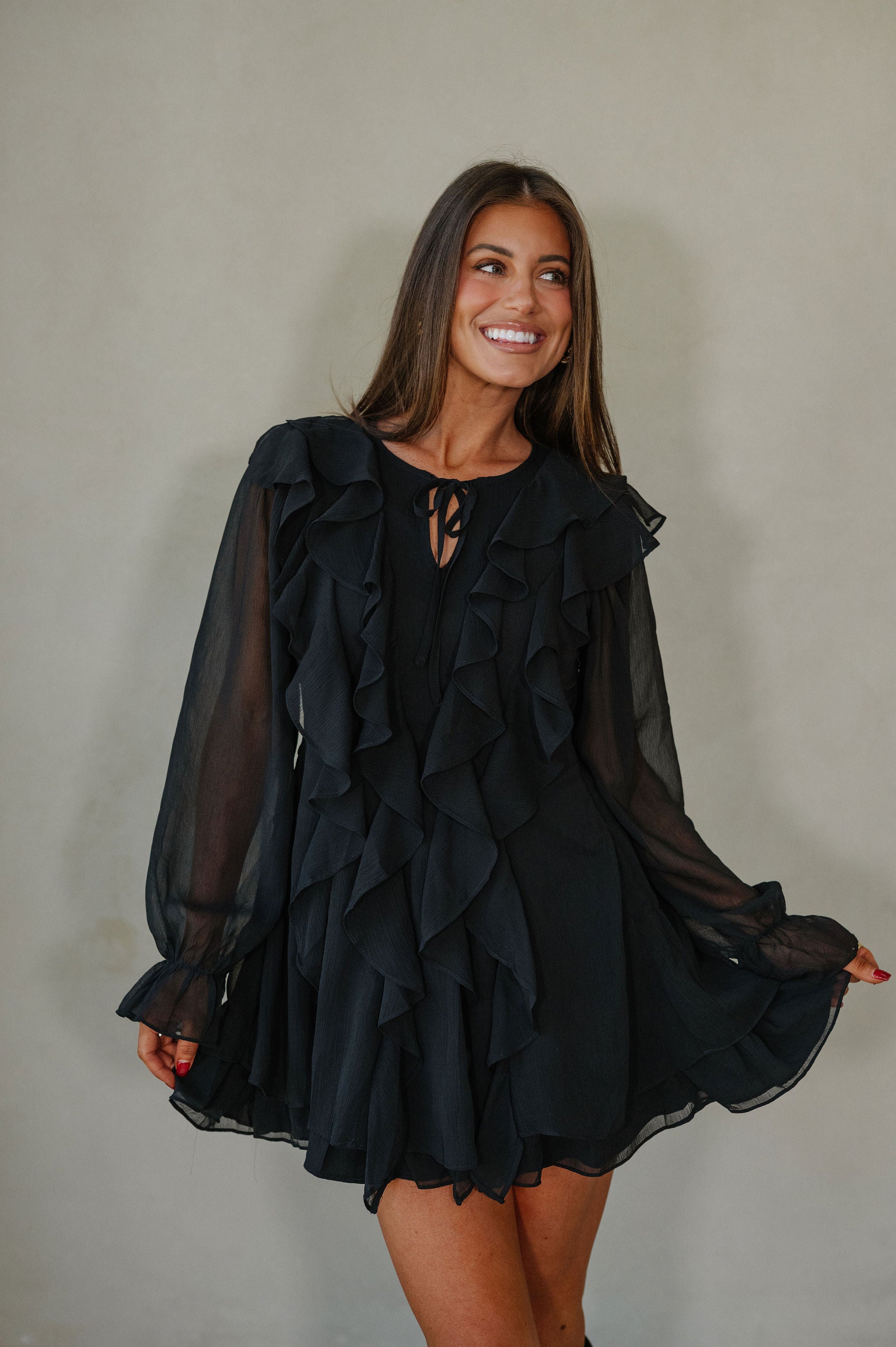 Bethel Tie Front Ruffle Dress-Black