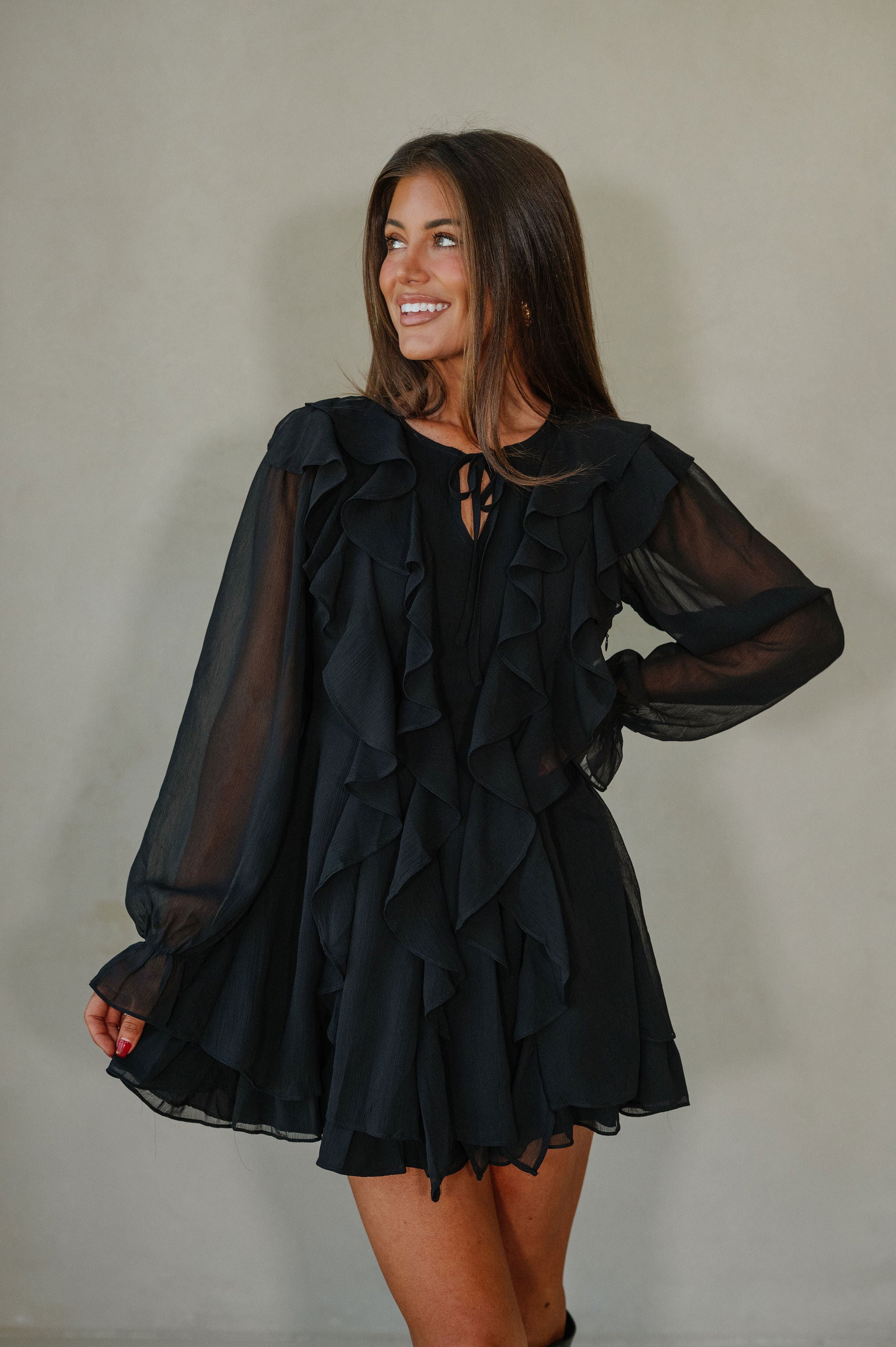 Bethel Tie Front Ruffle Dress-Black