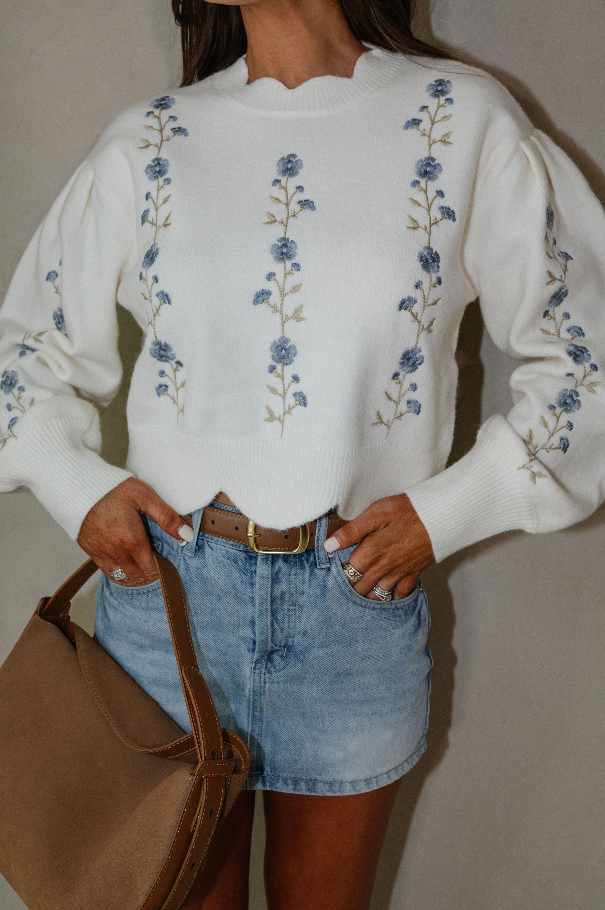 Floral Embroidered Scallop Sweater-Cream