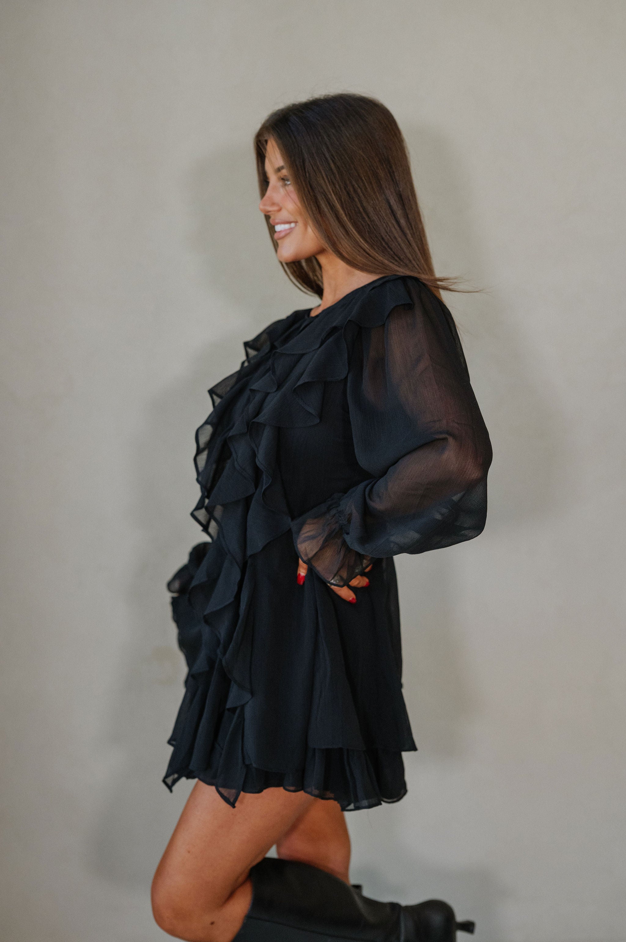 Bethel Tie Front Ruffle Dress-Black